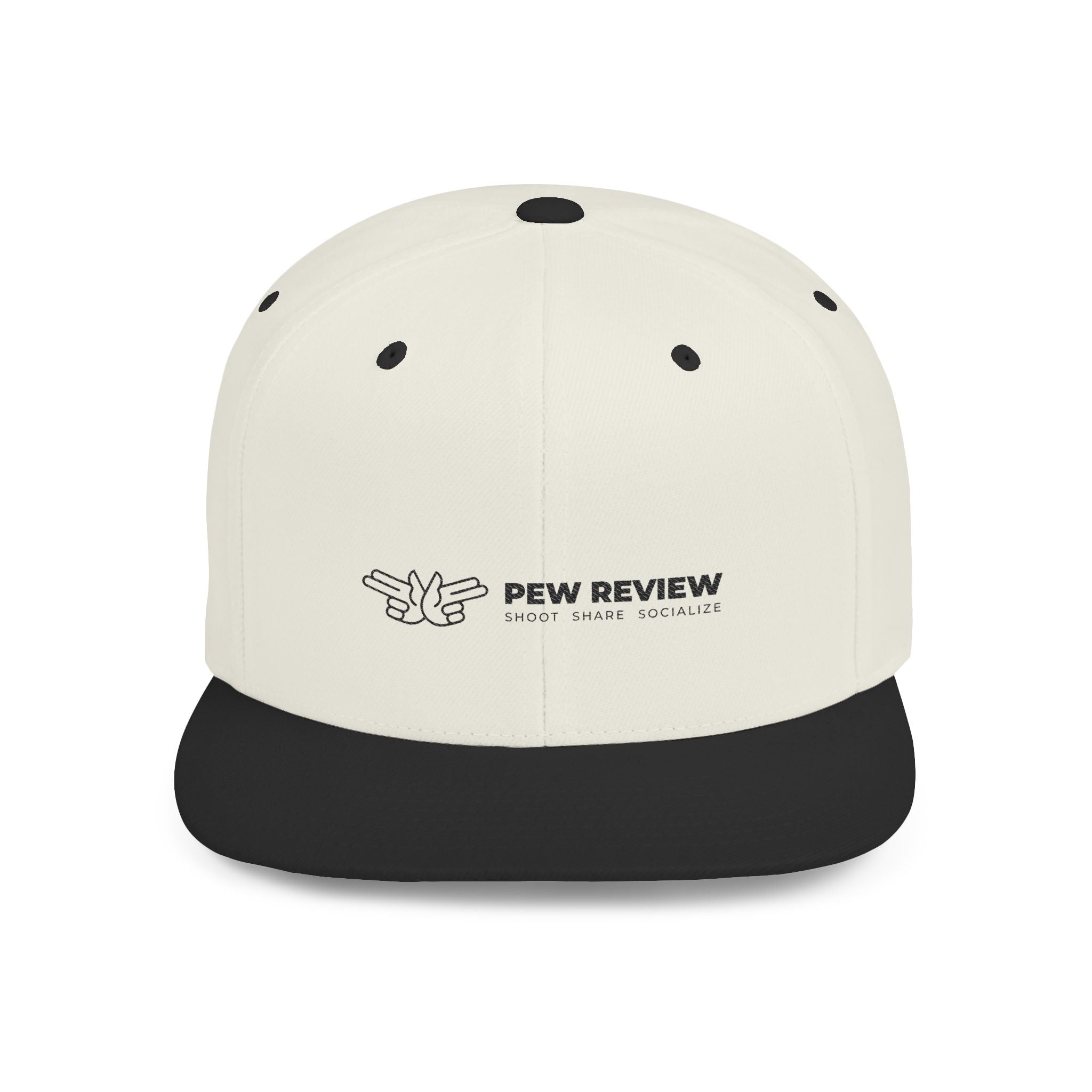 Pew Review logo Flat Bill Snapback | Minimal embroidered trucker cap