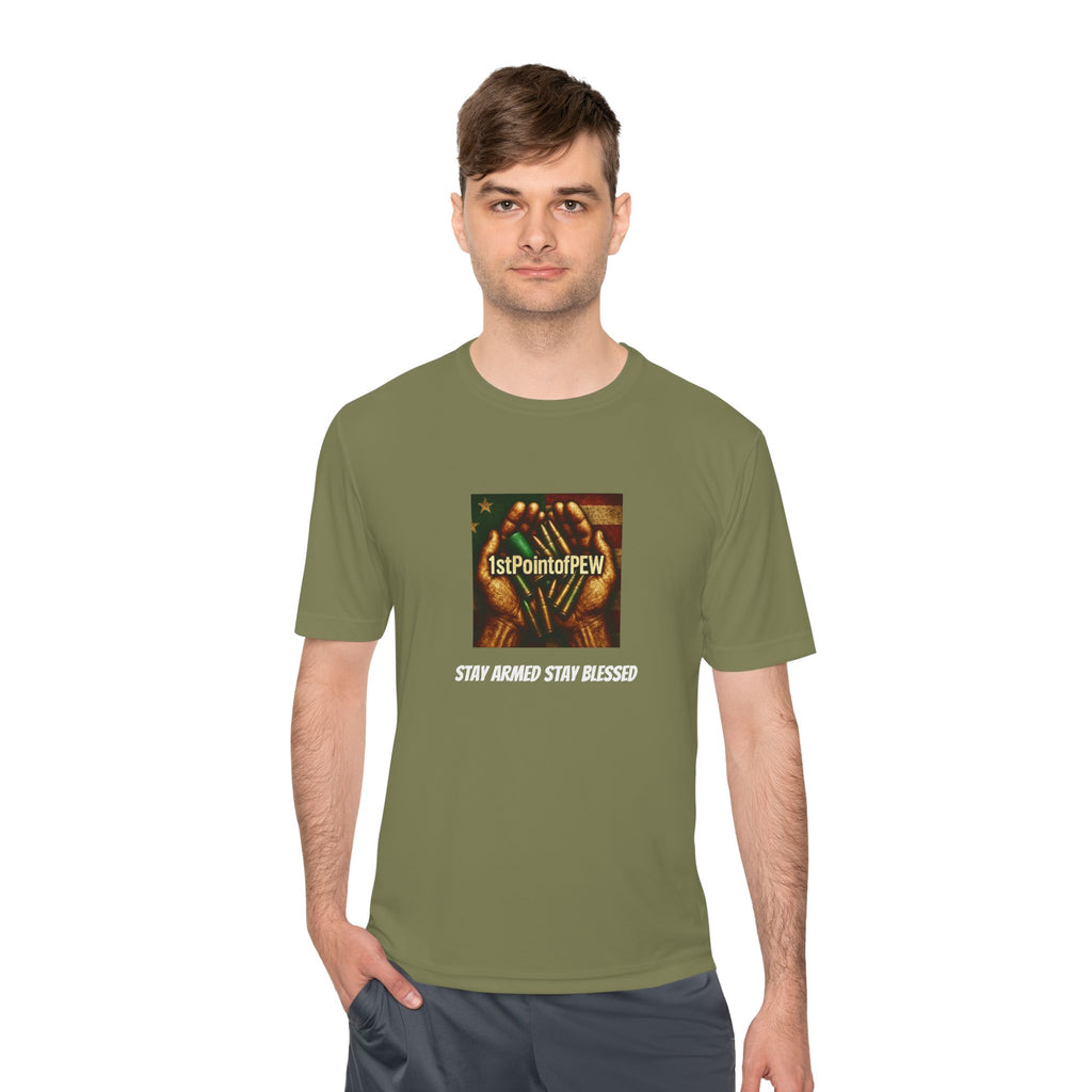 !stPointofPew/Pew Review Moisture-Wicking Tee — “Stay Armed Stay Blessed” Graphic
