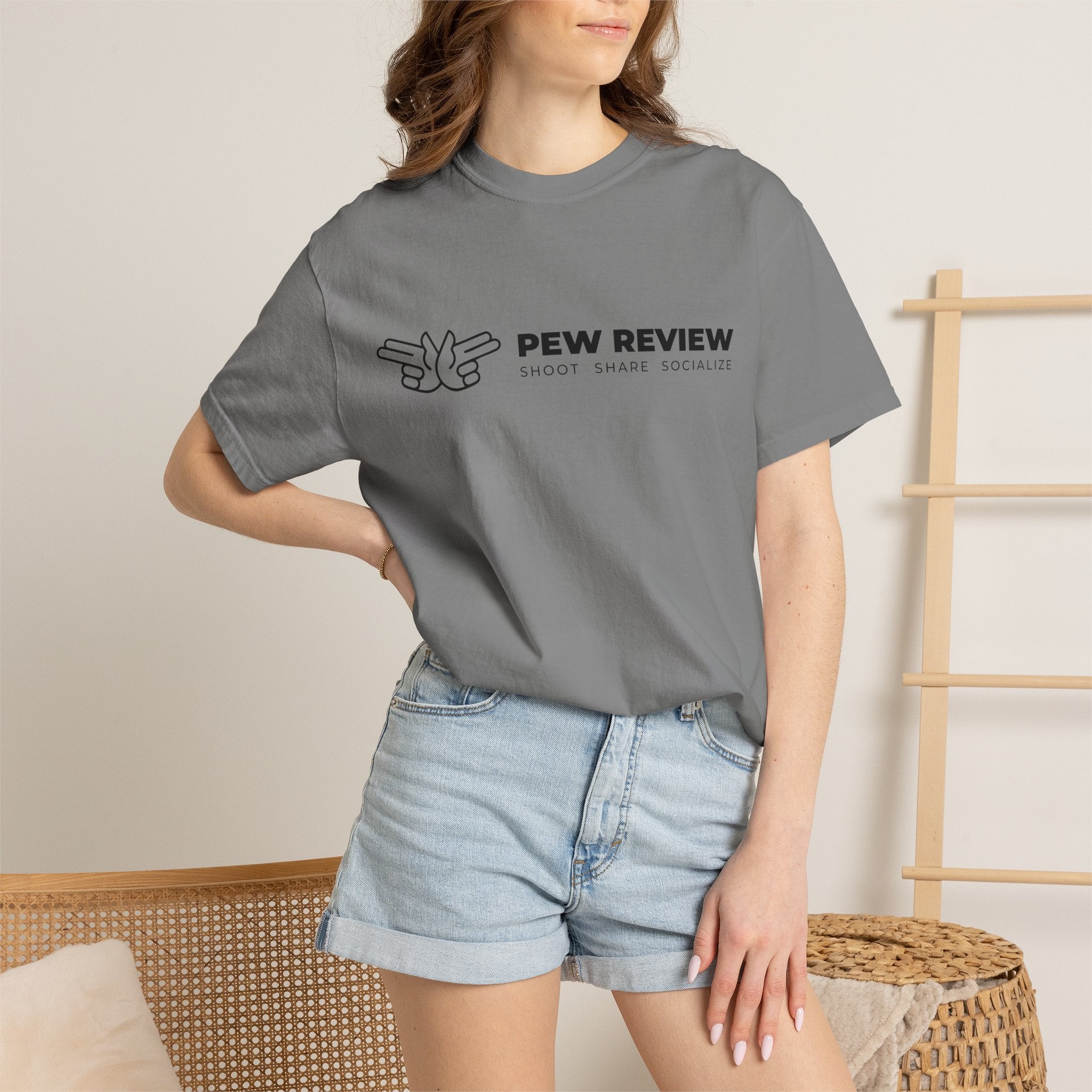 Pew Review logo tee T-Shirt | finger guns outline design