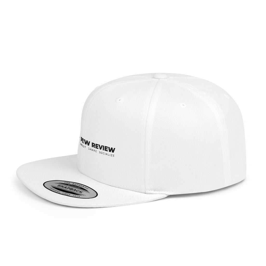 Pew Review logo Flat Bill Snapback | Minimal embroidered trucker cap