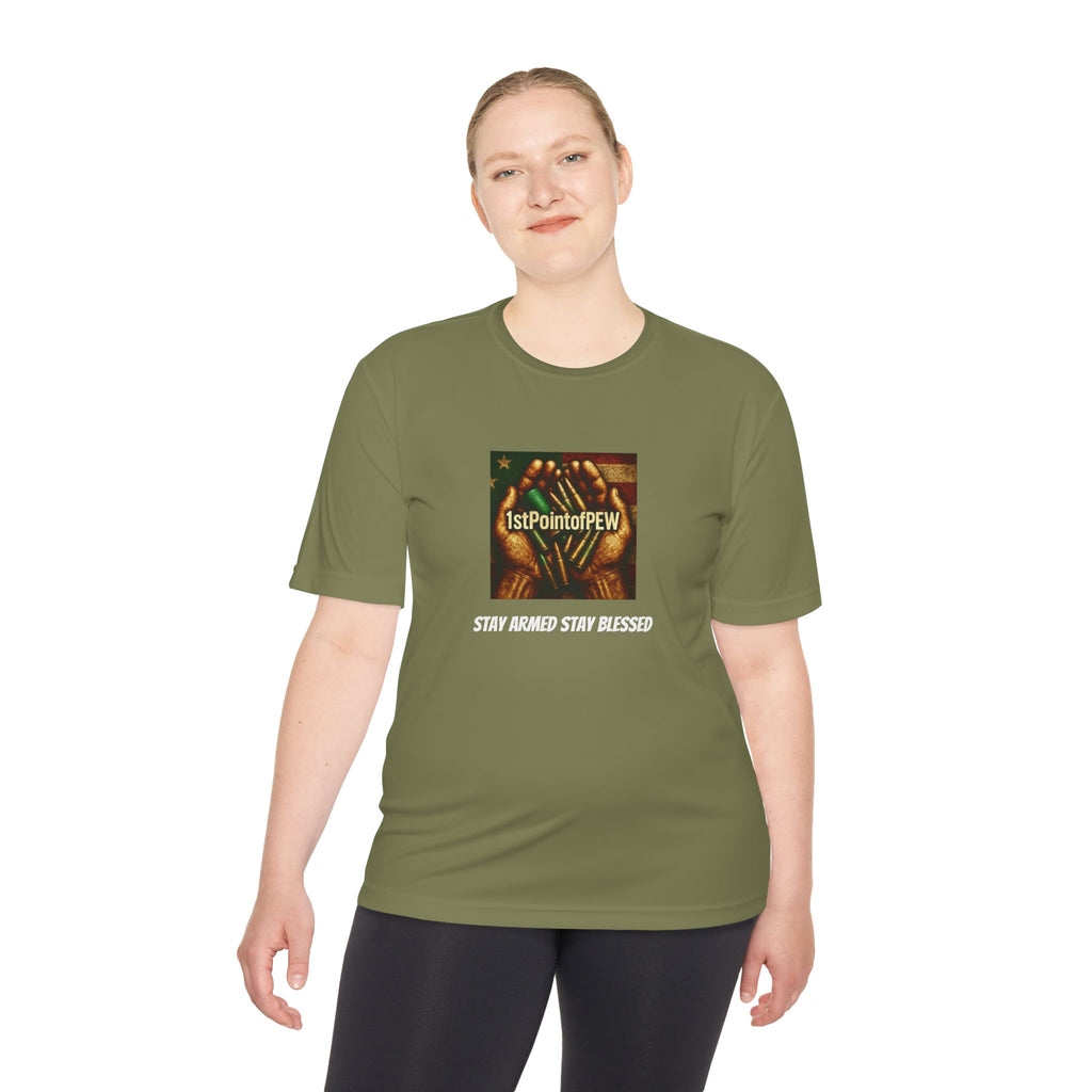 !stPointofPew/Pew Review Moisture-Wicking Tee — “Stay Armed Stay Blessed” Graphic