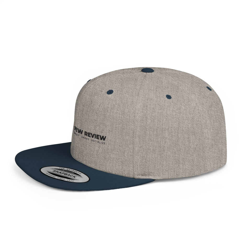Pew Review logo Flat Bill Snapback | Minimal embroidered trucker cap