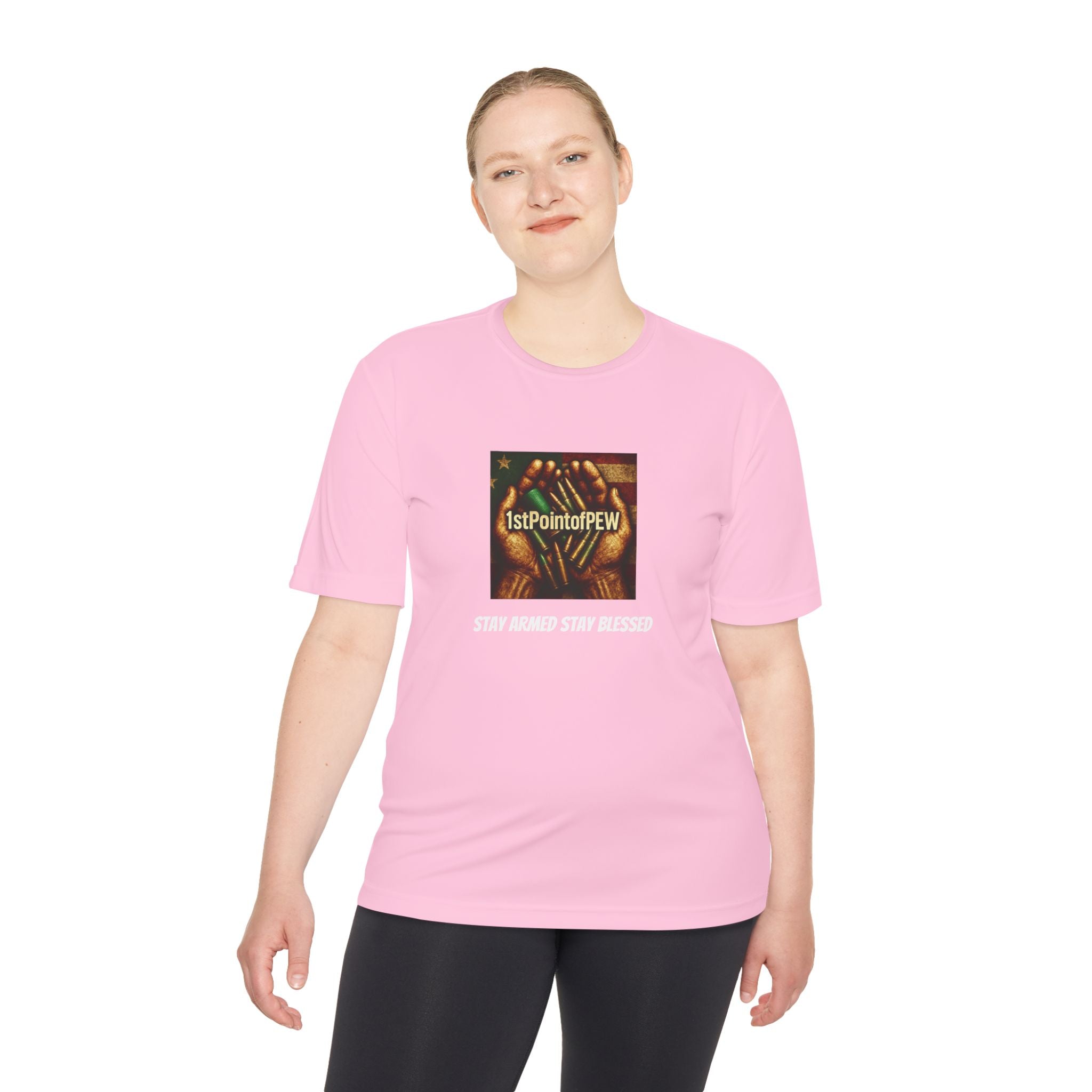 !stPointofPew/Pew Review Moisture-Wicking Tee — “Stay Armed Stay Blessed” Graphic