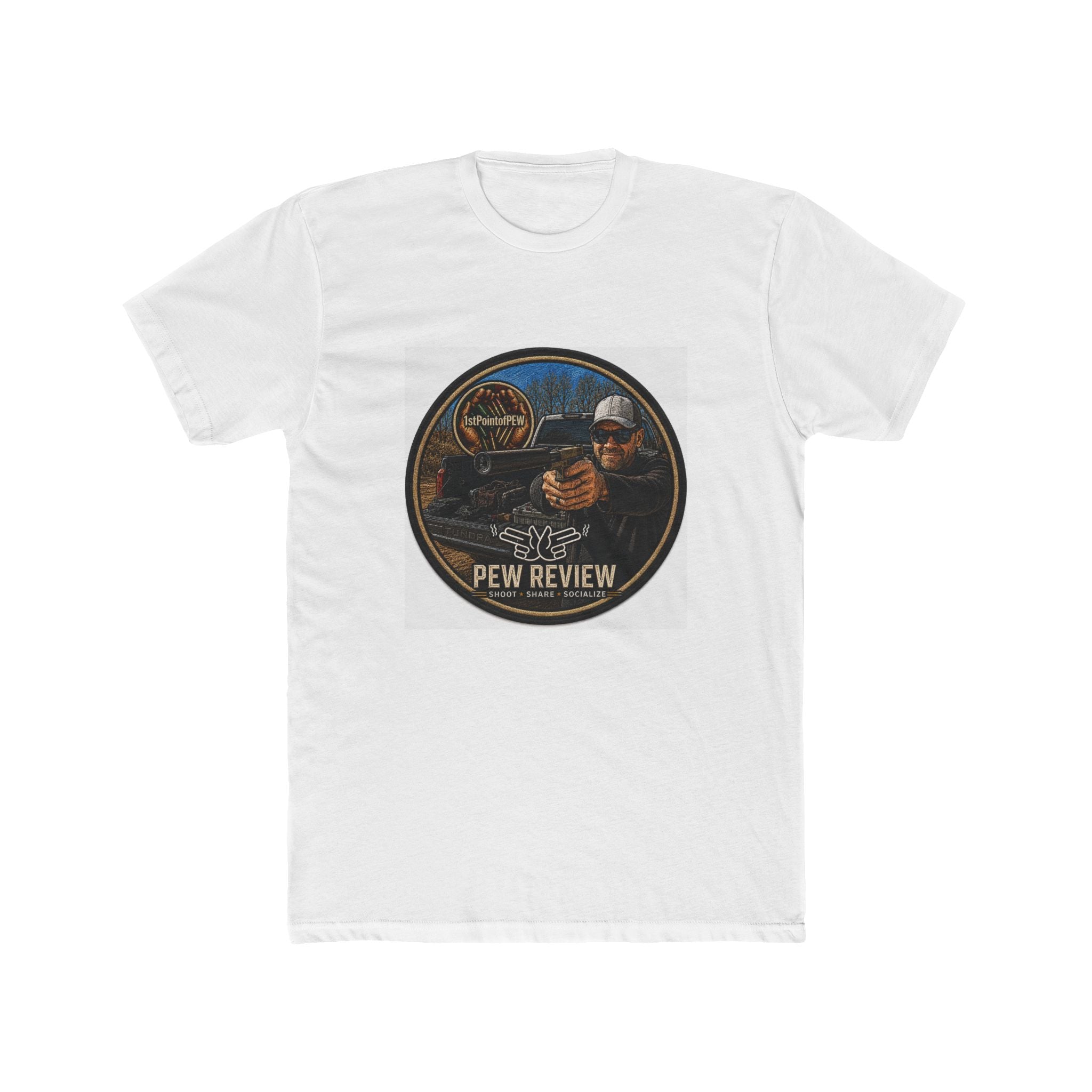 Pew Review Graphic Tee — Vintage Shooter Logo T-Shirt