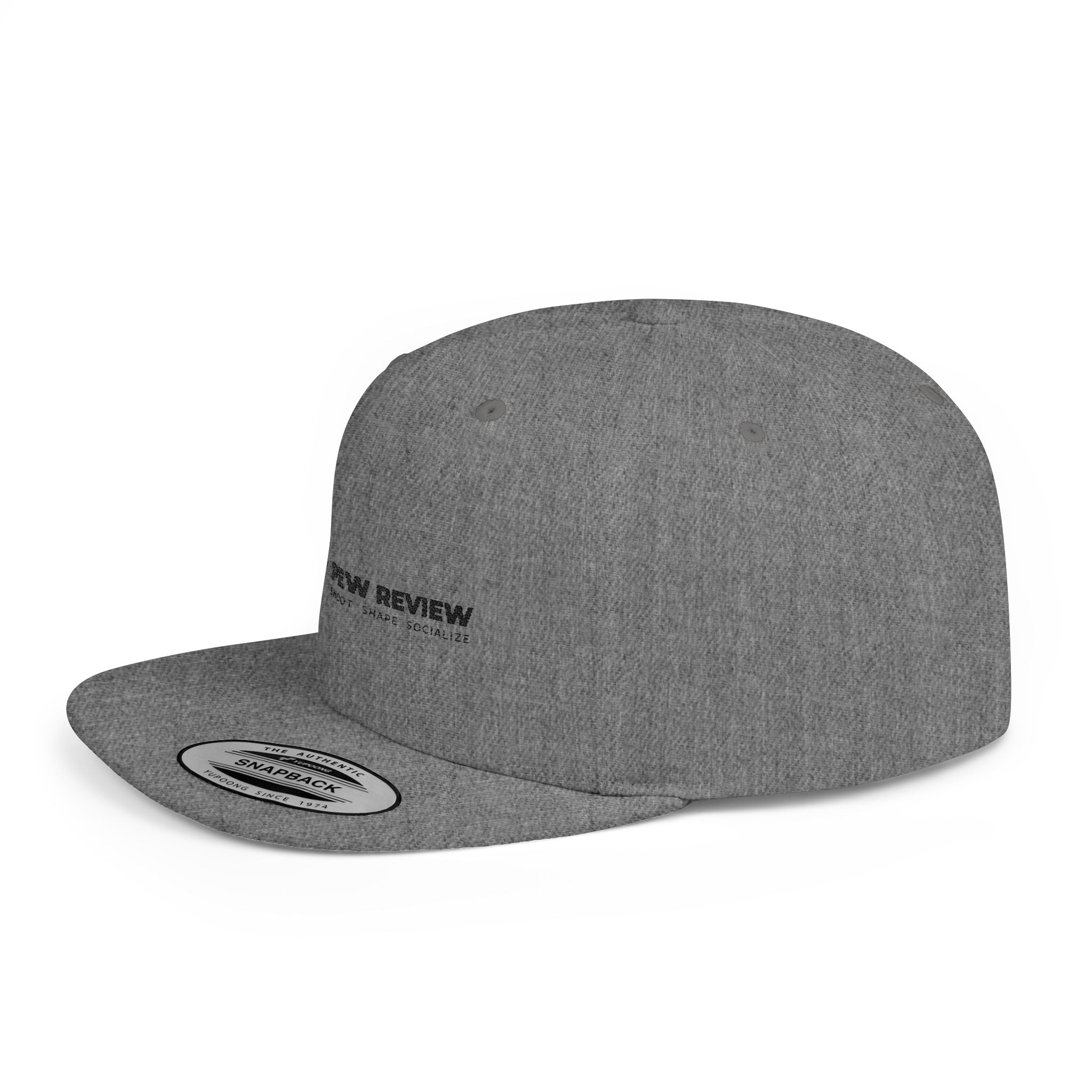 Pew Review logo Flat Bill Snapback | Minimal embroidered trucker cap