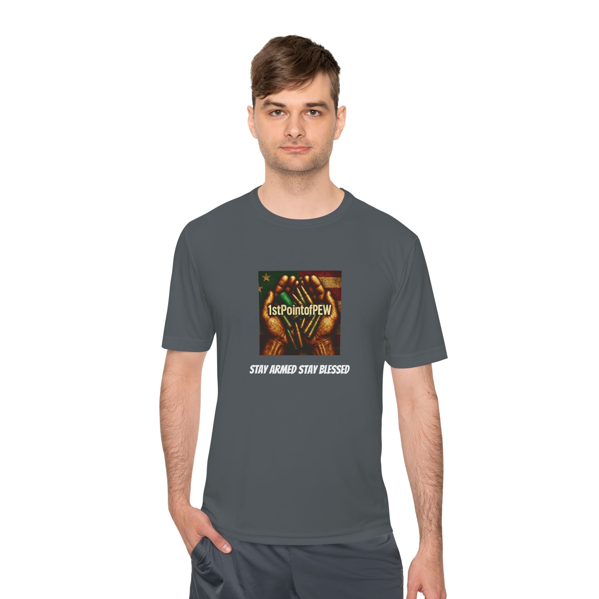!stPointofPew/Pew Review Moisture-Wicking Tee — “Stay Armed Stay Blessed” Graphic