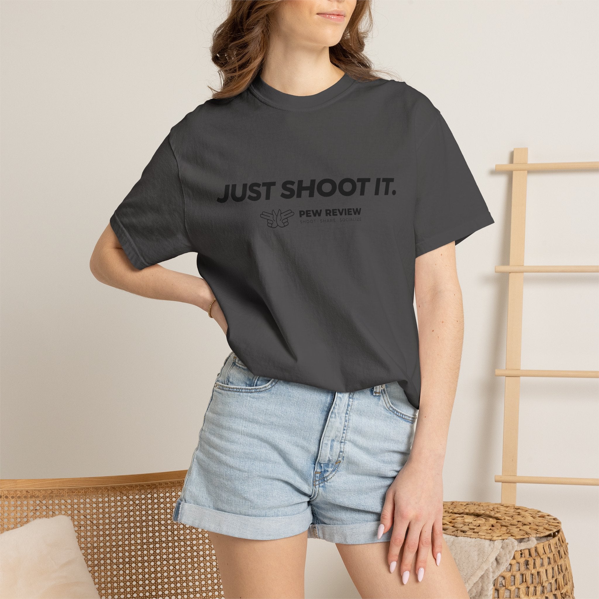 Just Shoot It target graphic T-shirt | Pew Review text print