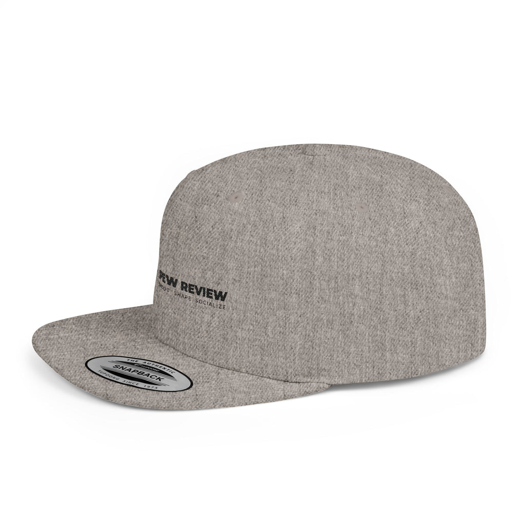 Pew Review logo Flat Bill Snapback | Minimal embroidered trucker cap