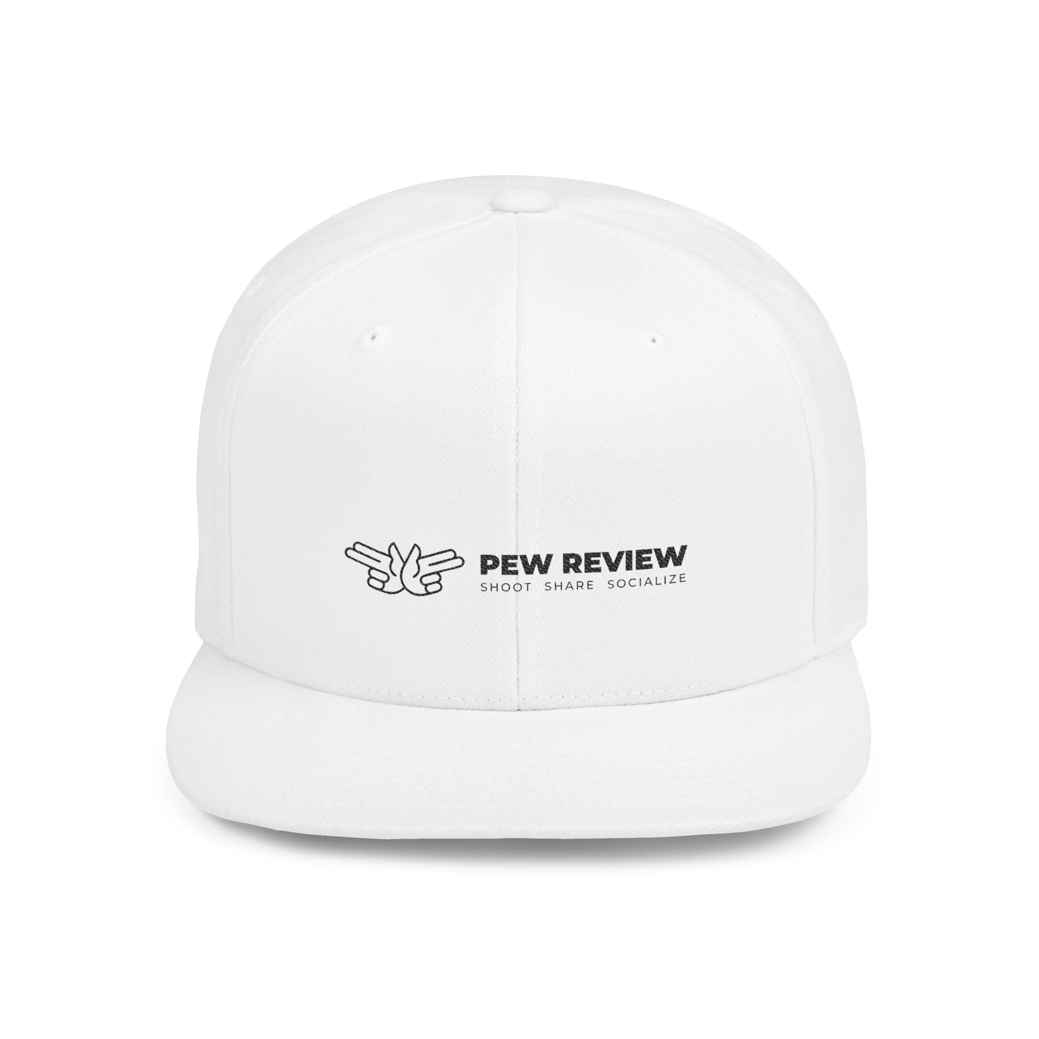 Pew Review logo Flat Bill Snapback | Minimal embroidered trucker cap