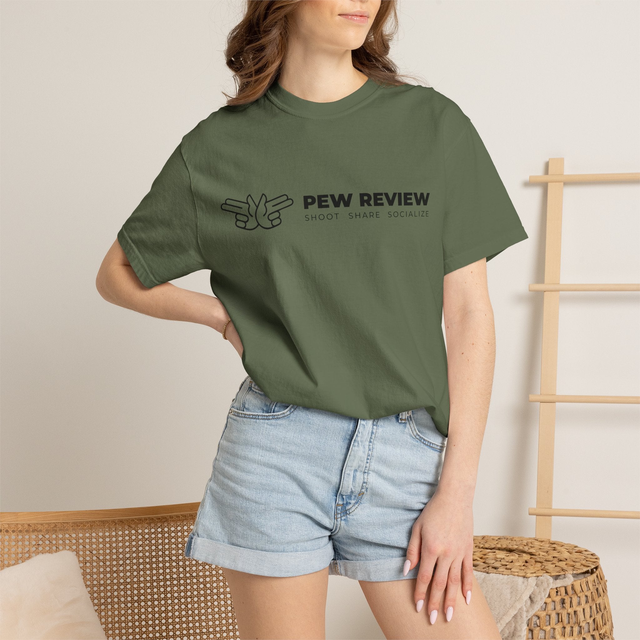 Pew Review logo tee T-Shirt | finger guns outline design