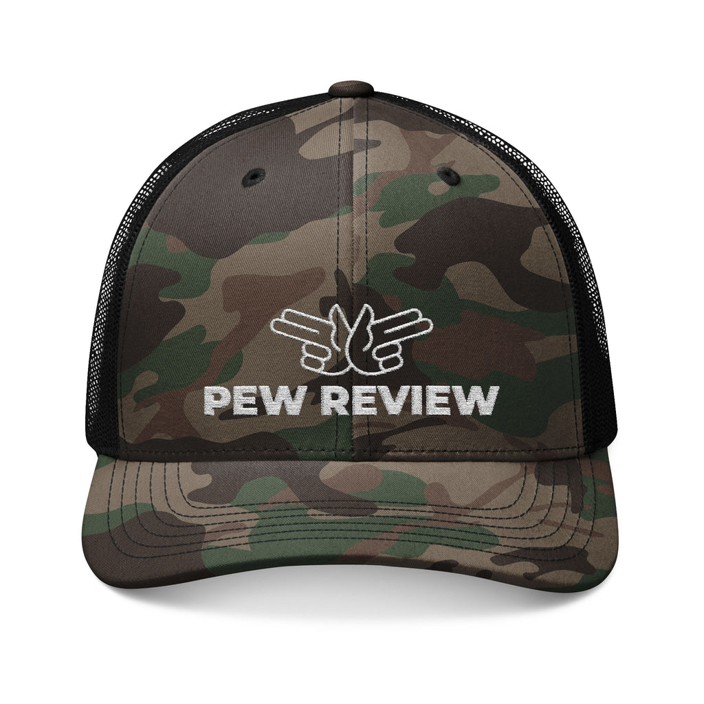 Pew Review Camouflage Trucker Hat — Embroidered "Pew Review" Logo Cap
