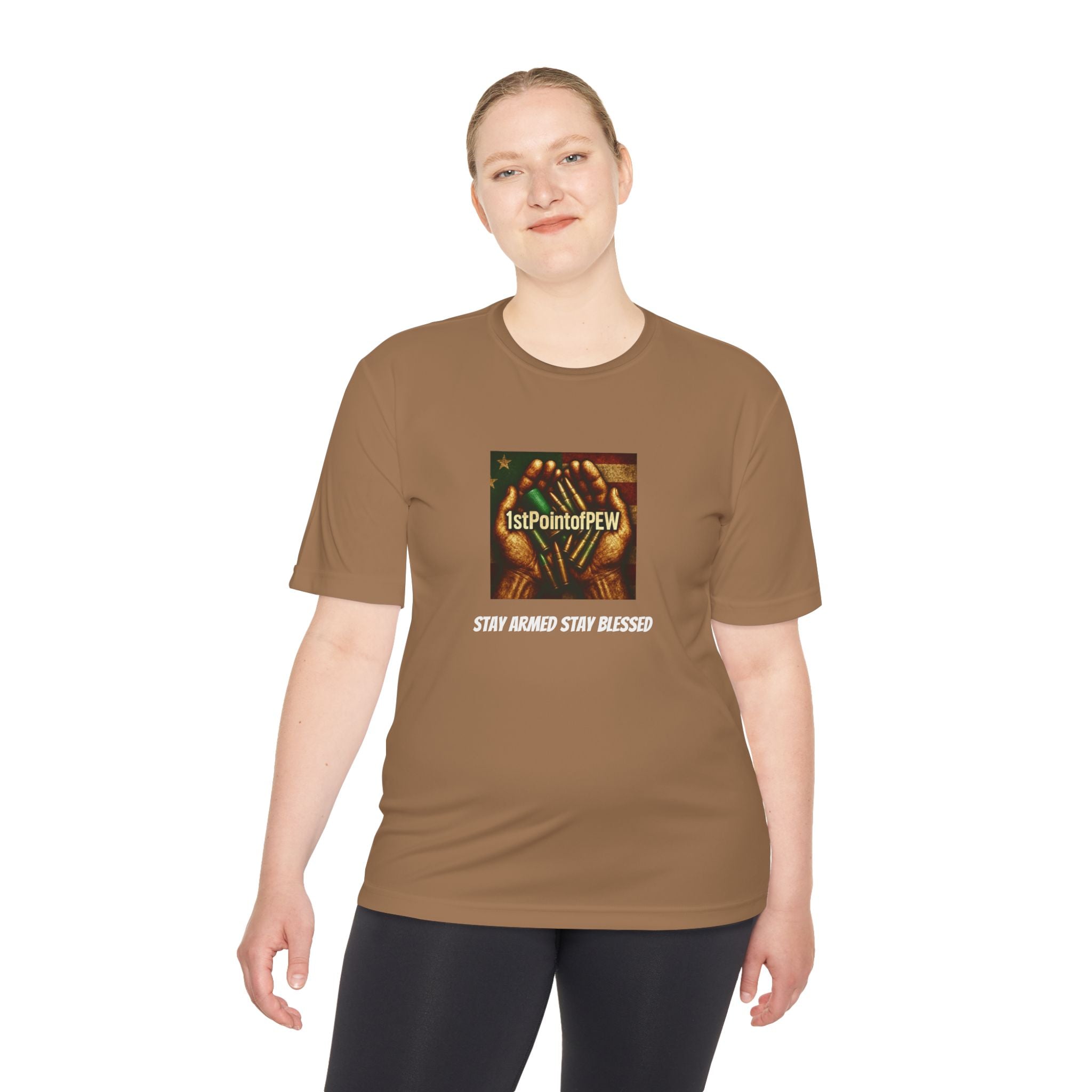 !stPointofPew/Pew Review Moisture-Wicking Tee — “Stay Armed Stay Blessed” Graphic