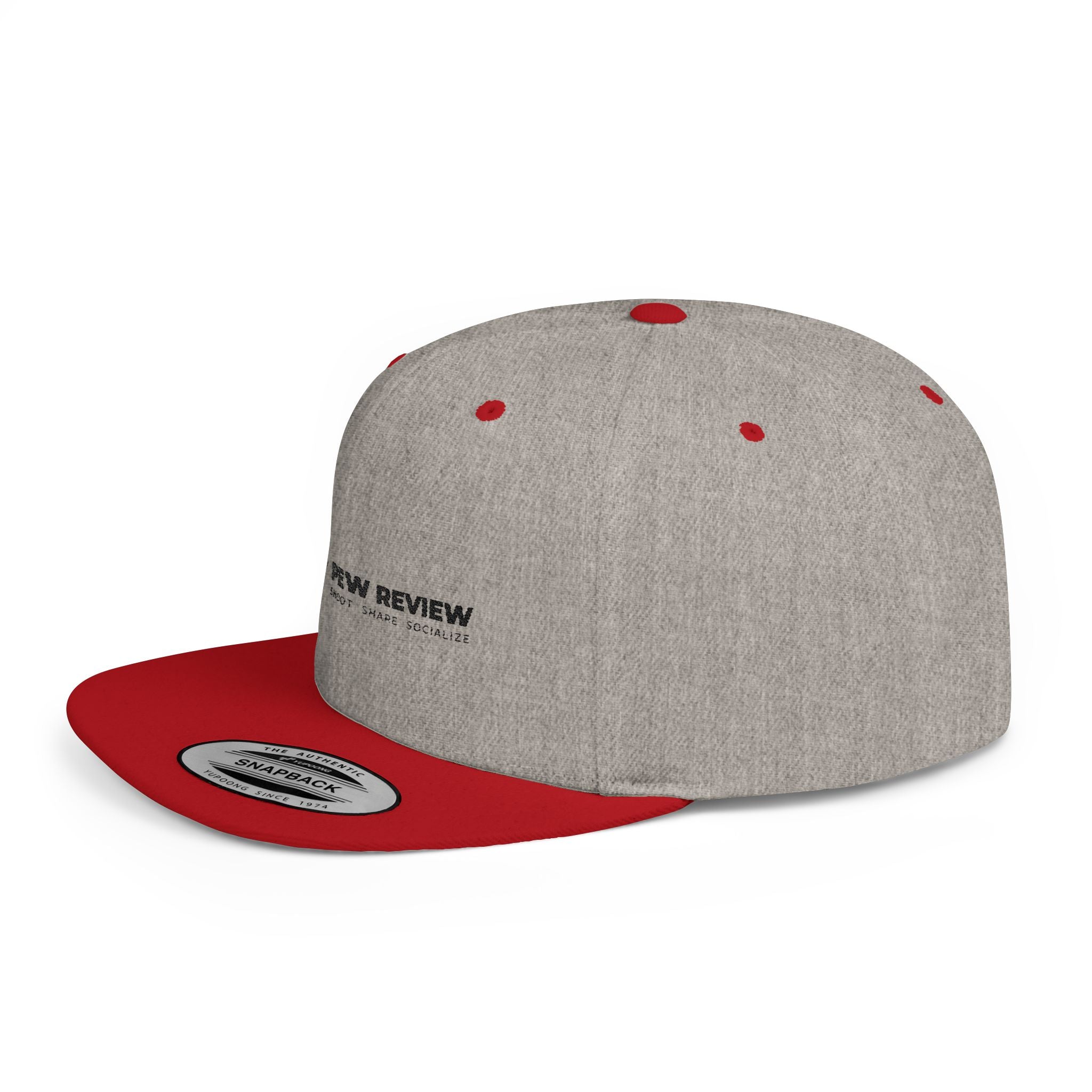 Pew Review logo Flat Bill Snapback | Minimal embroidered trucker cap