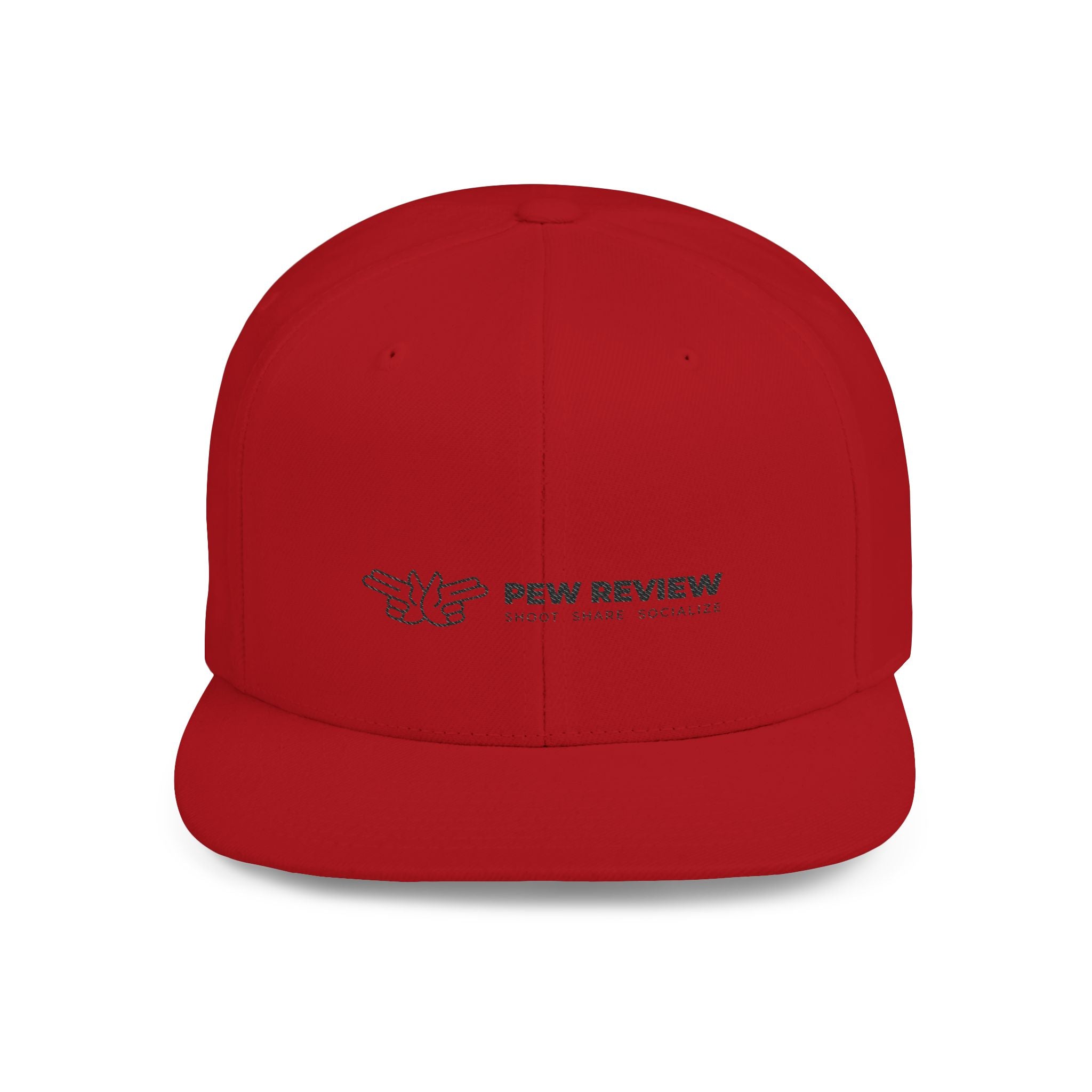 Pew Review logo Flat Bill Snapback | Minimal embroidered trucker cap