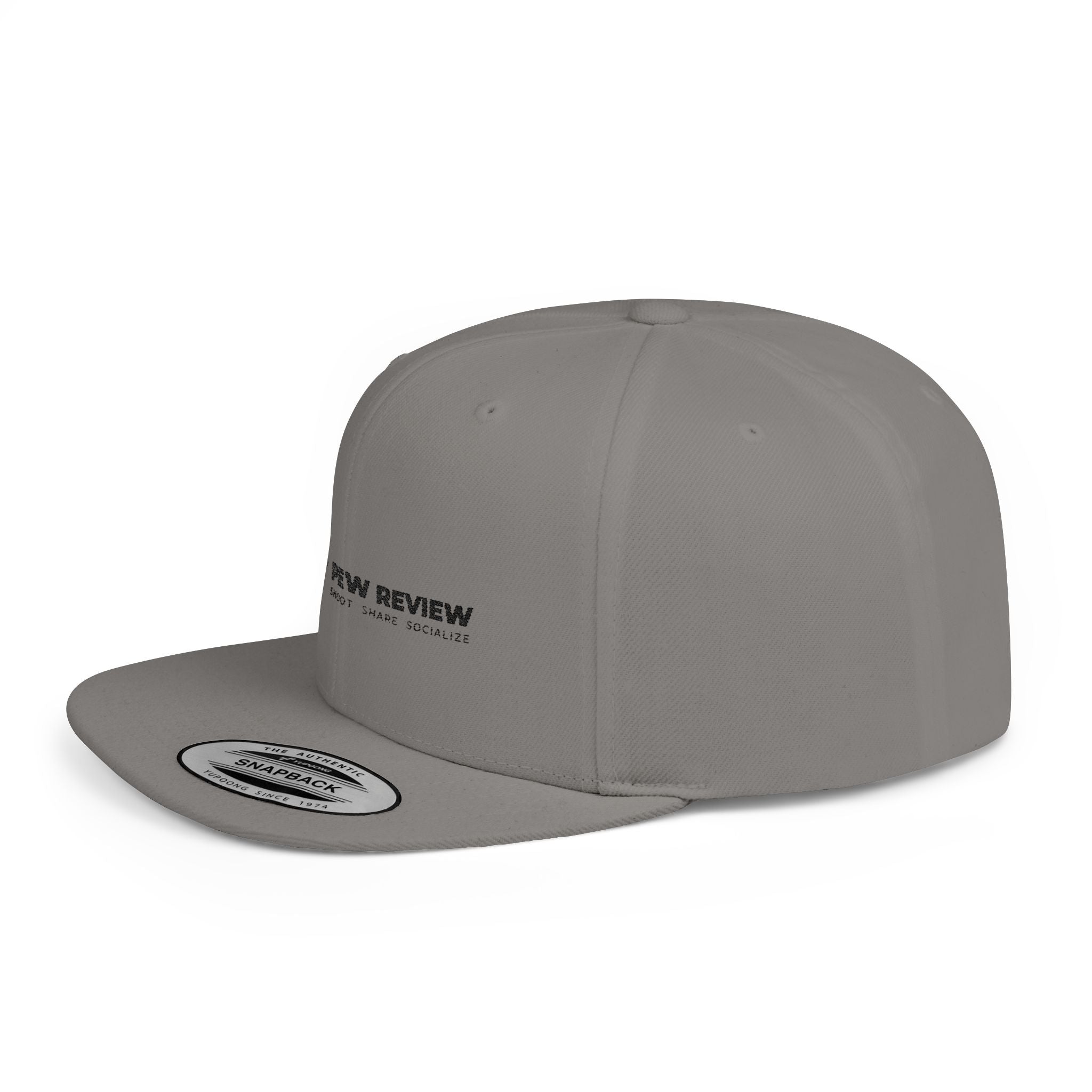Pew Review logo Flat Bill Snapback | Minimal embroidered trucker cap