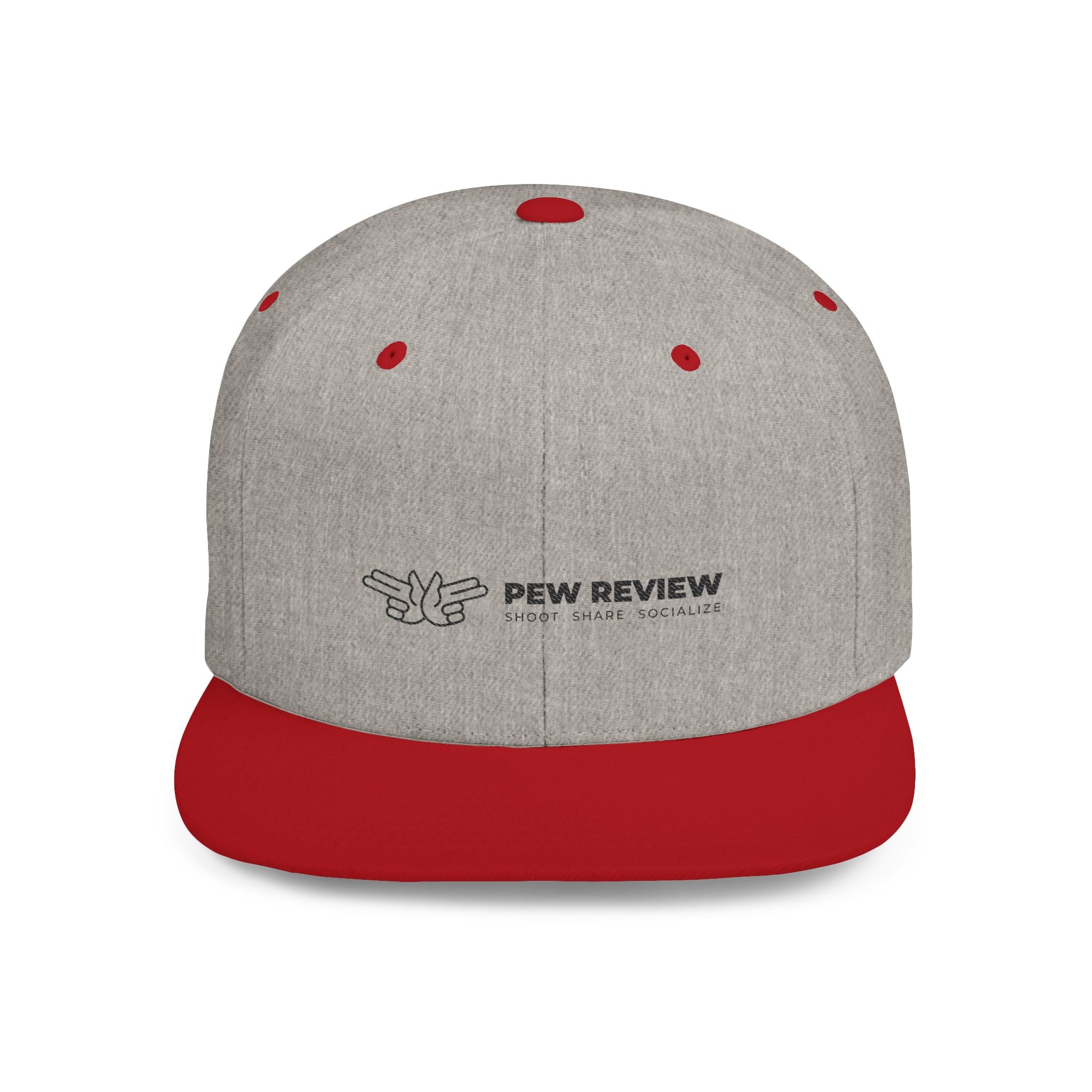 Pew Review logo Flat Bill Snapback | Minimal embroidered trucker cap