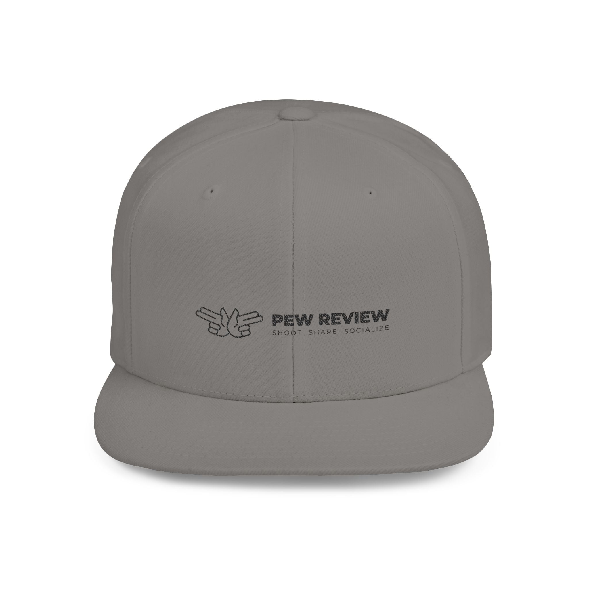 Pew Review logo Flat Bill Snapback | Minimal embroidered trucker cap