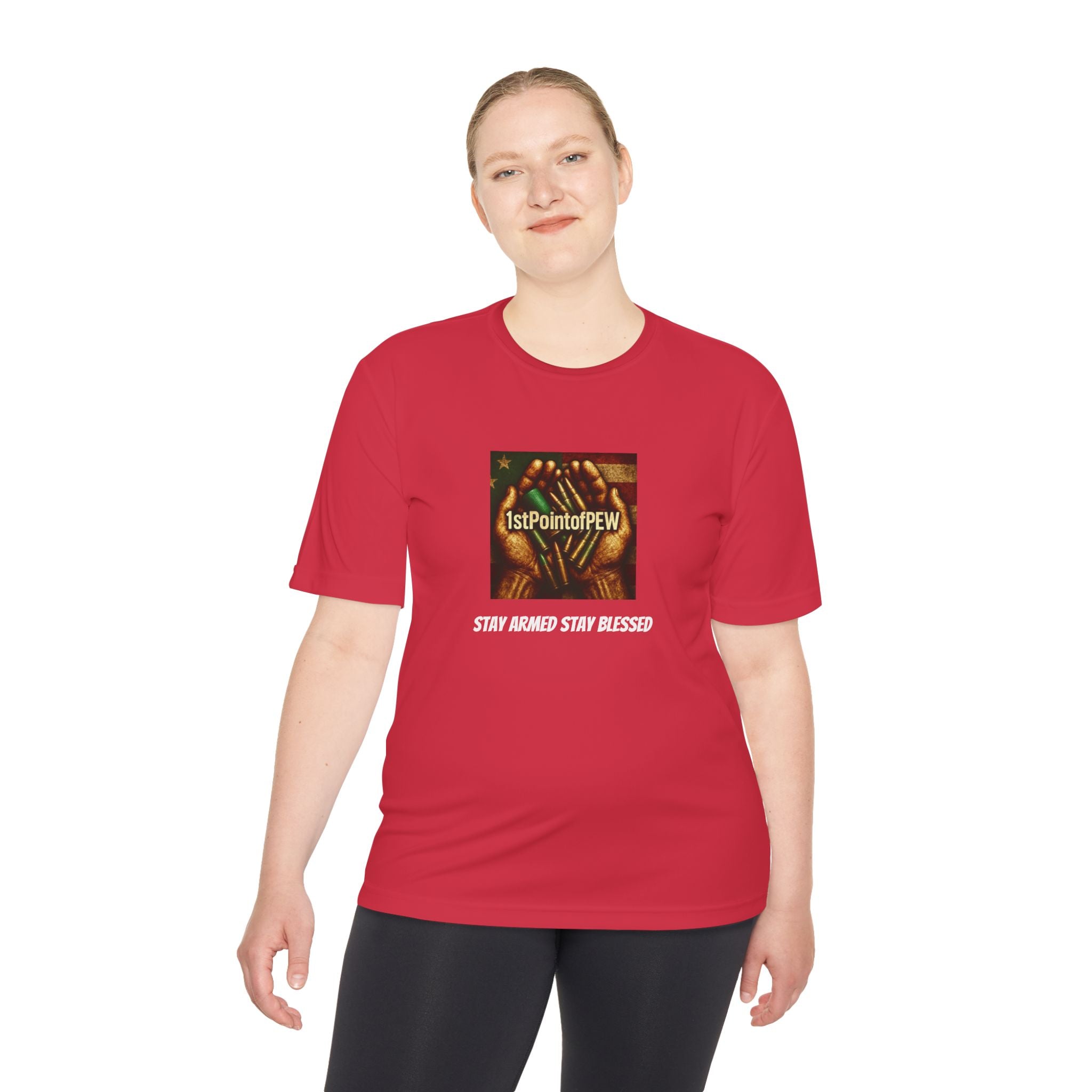 !stPointofPew/Pew Review Moisture-Wicking Tee — “Stay Armed Stay Blessed” Graphic