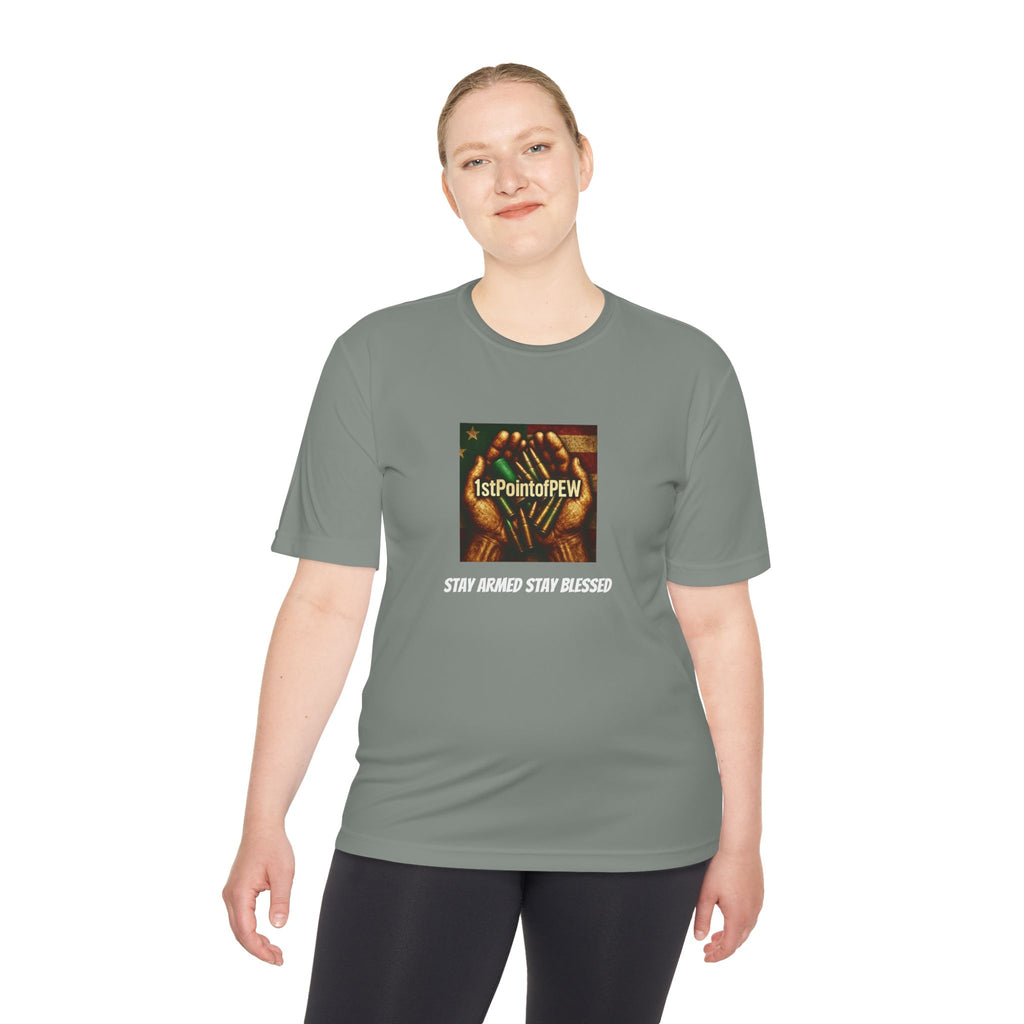 !stPointofPew/Pew Review Moisture-Wicking Tee — “Stay Armed Stay Blessed” Graphic