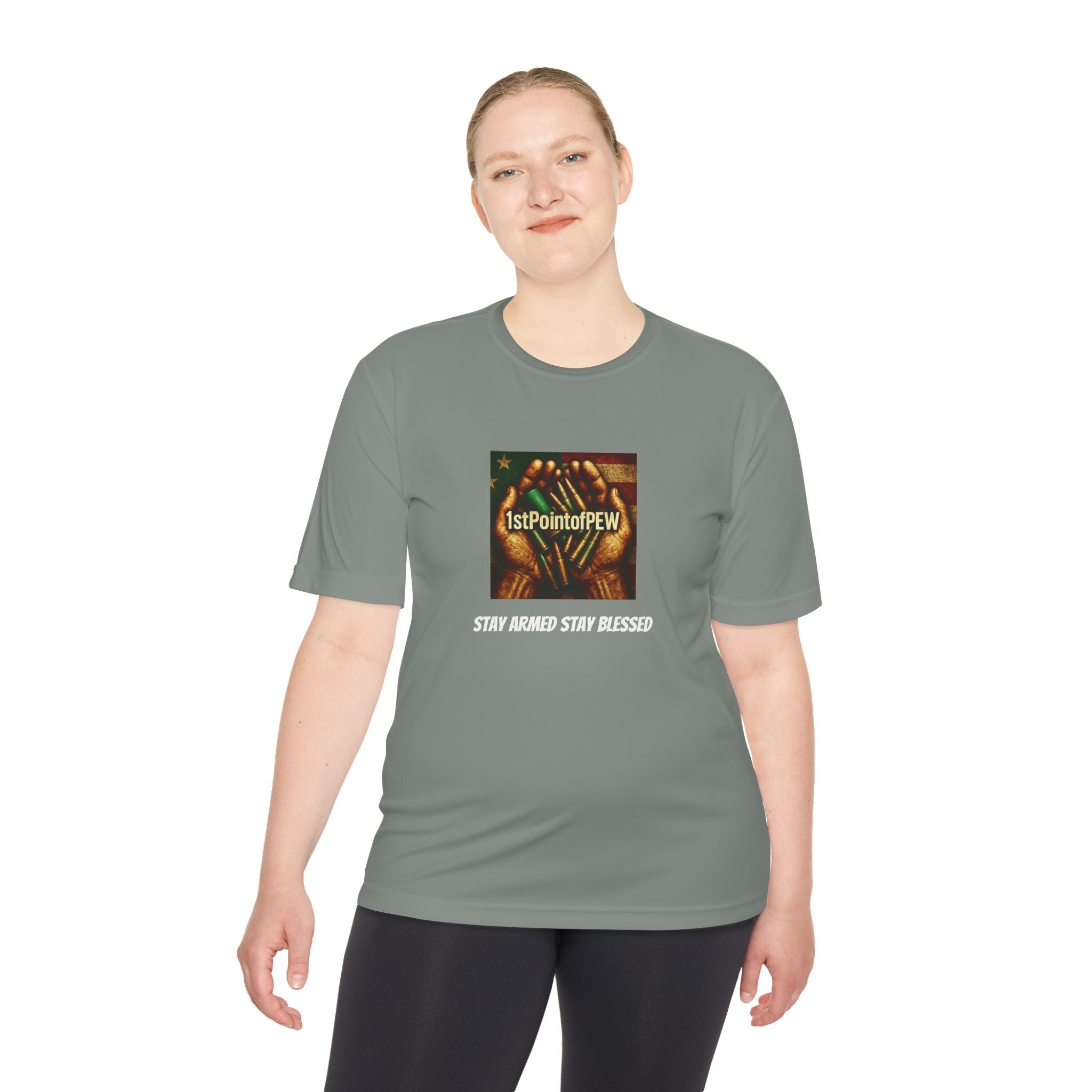 !stPointofPew/Pew Review Moisture-Wicking Tee — “Stay Armed Stay Blessed” Graphic