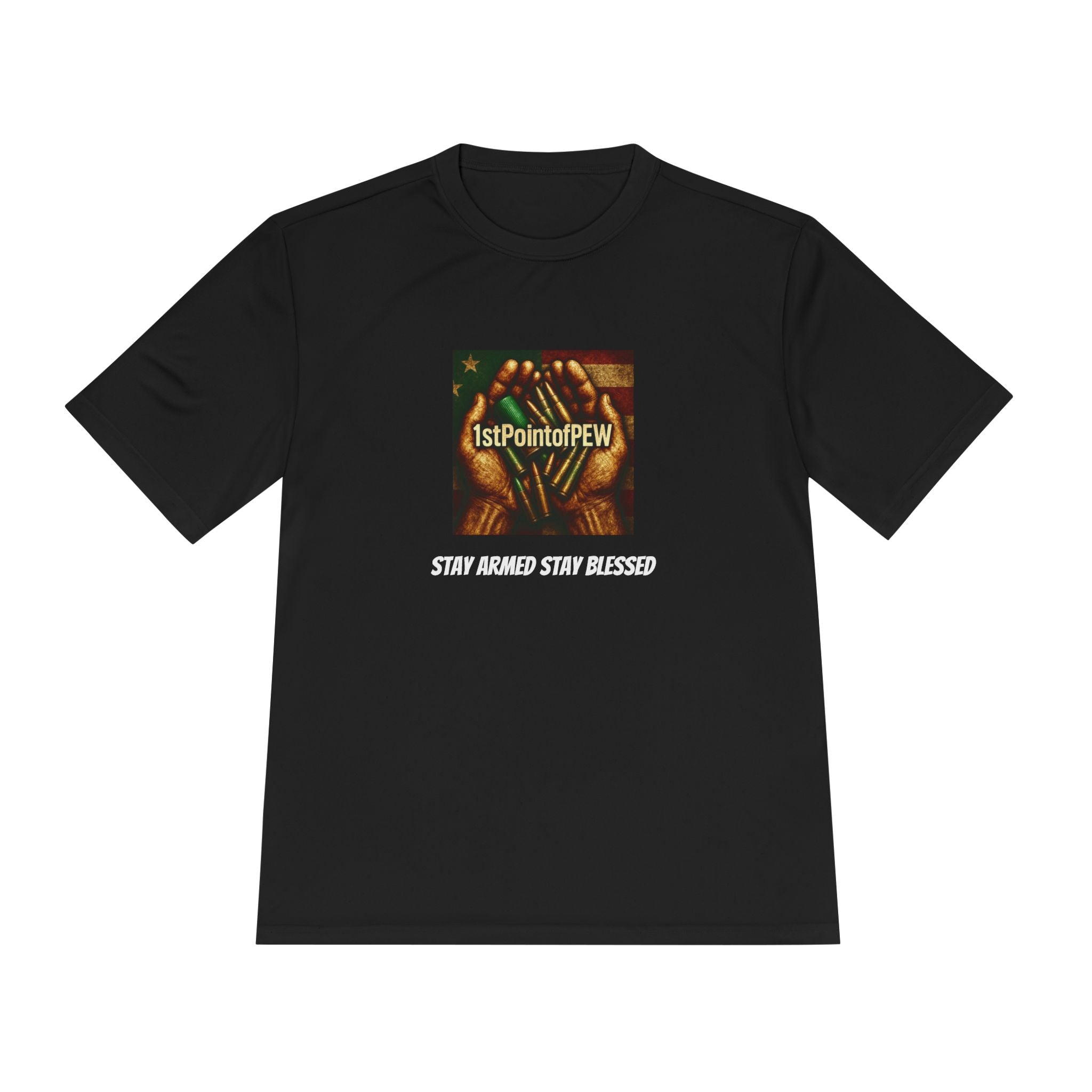 !stPointofPew/Pew Review Moisture-Wicking Tee — “Stay Armed Stay Blessed” Graphic