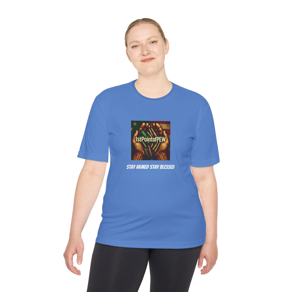 !stPointofPew/Pew Review Moisture-Wicking Tee — “Stay Armed Stay Blessed” Graphic