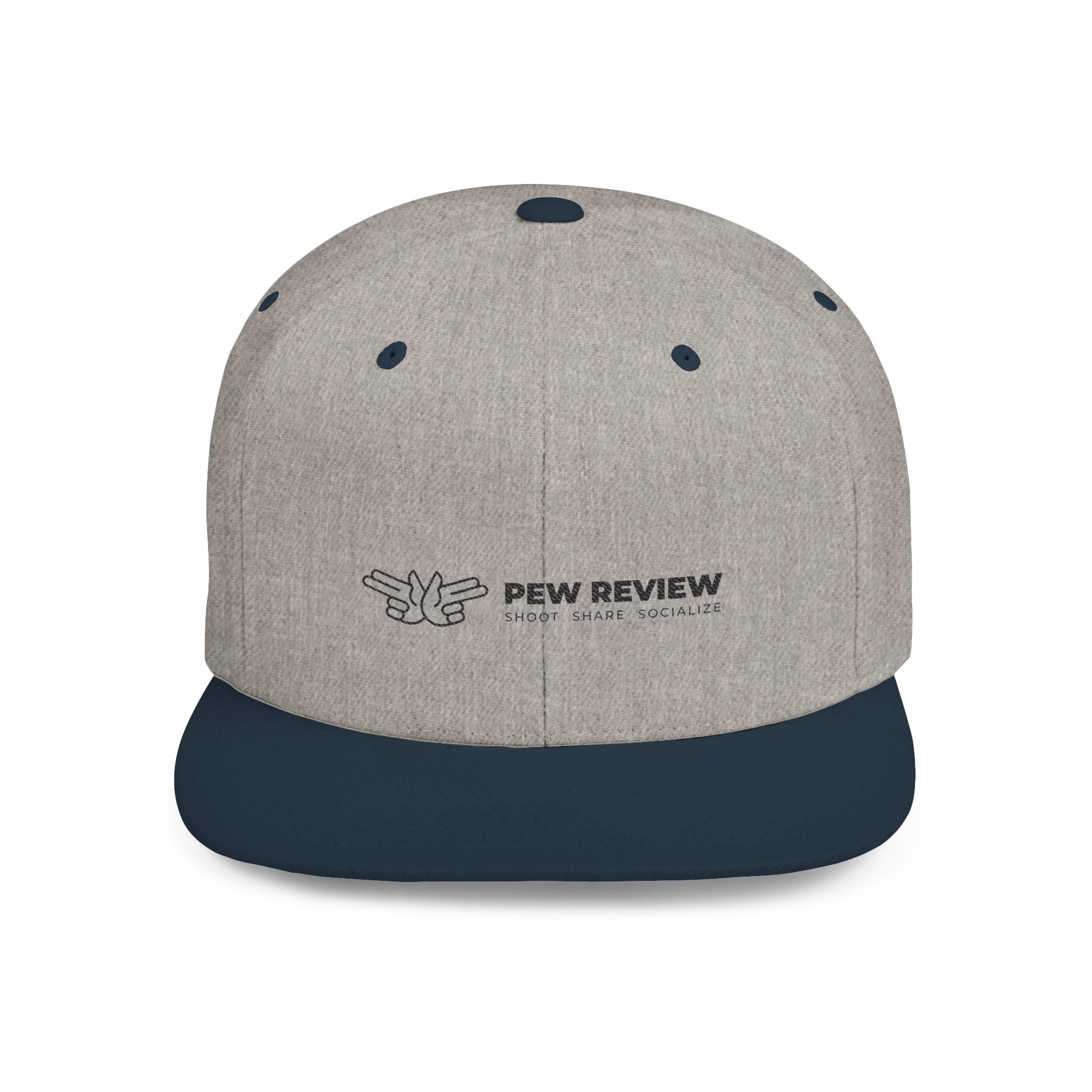 Pew Review logo Flat Bill Snapback | Minimal embroidered trucker cap