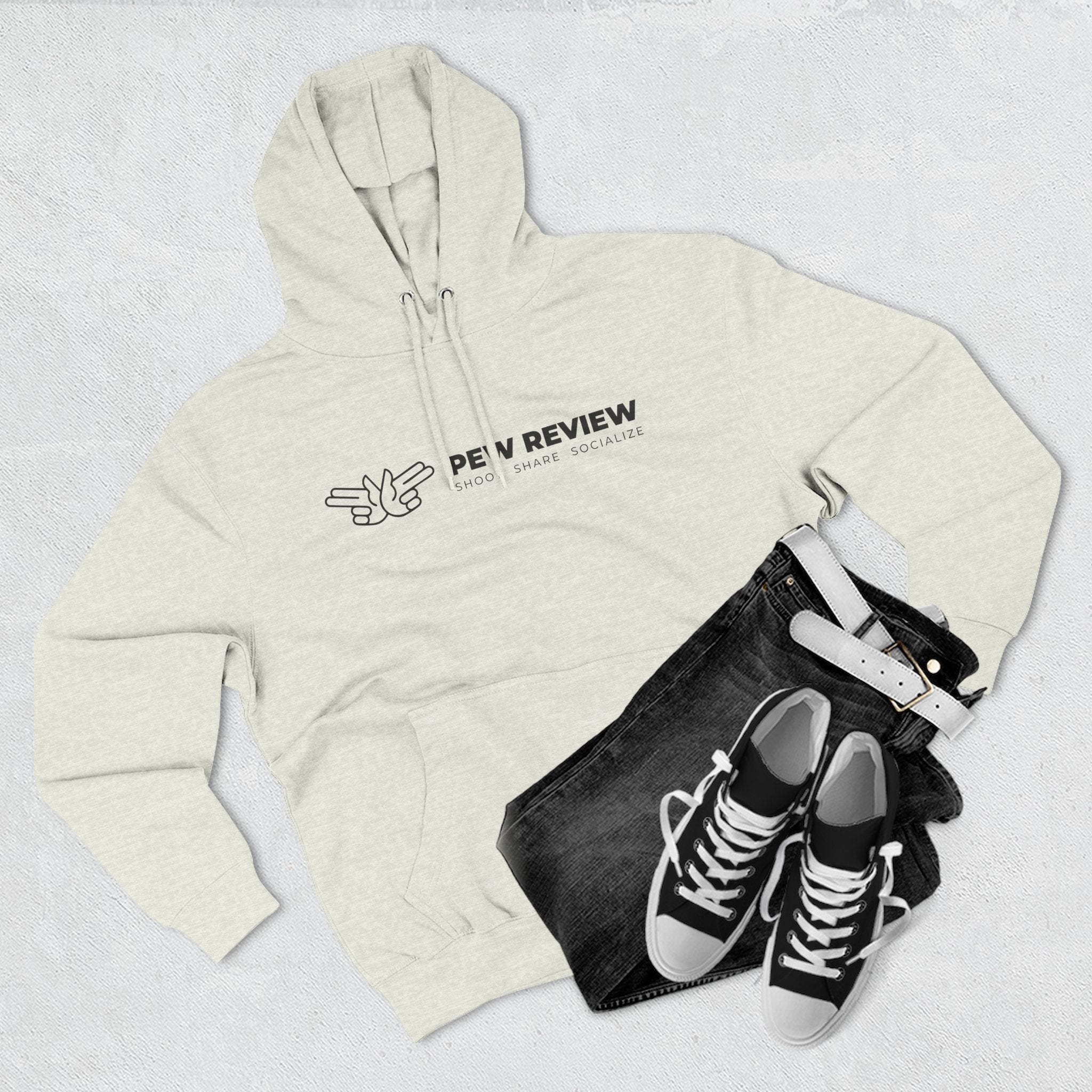 Peace Hand Gesture Hoodie | Minimal Line Art, FEW REVIEW Text