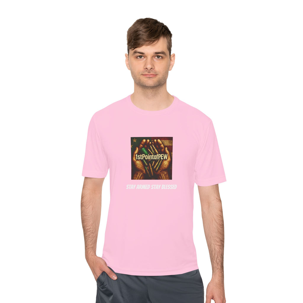 !stPointofPew/Pew Review Moisture-Wicking Tee — “Stay Armed Stay Blessed” Graphic