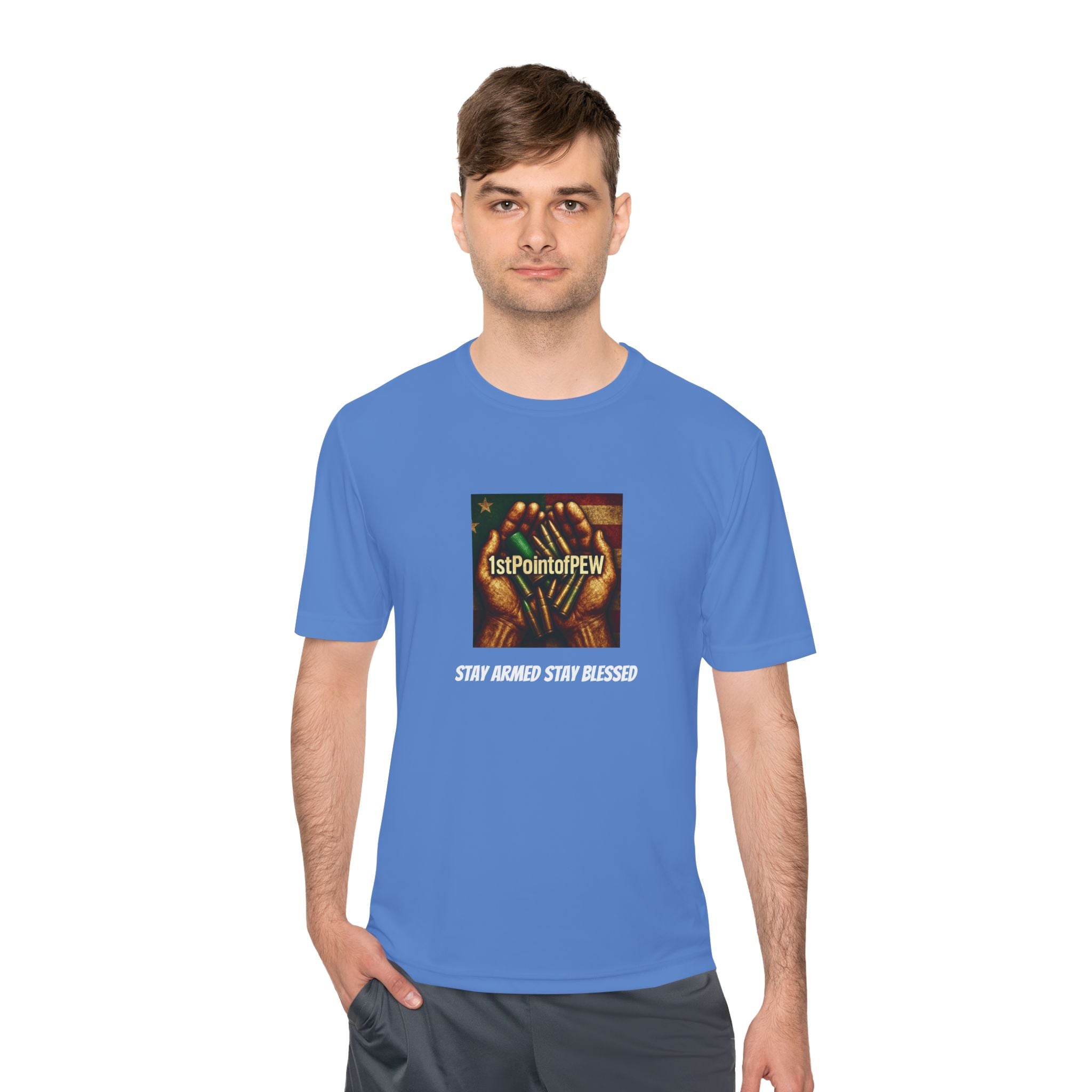 !stPointofPew/Pew Review Moisture-Wicking Tee — “Stay Armed Stay Blessed” Graphic