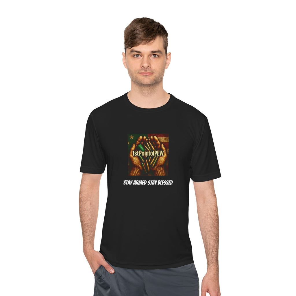 !stPointofPew/Pew Review Moisture-Wicking Tee — “Stay Armed Stay Blessed” Graphic