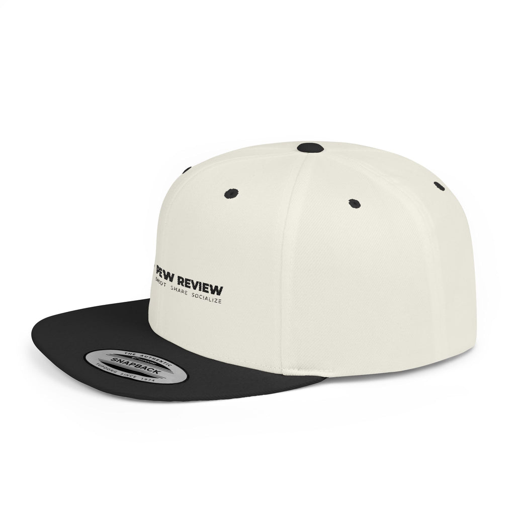 Pew Review logo Flat Bill Snapback | Minimal embroidered trucker cap