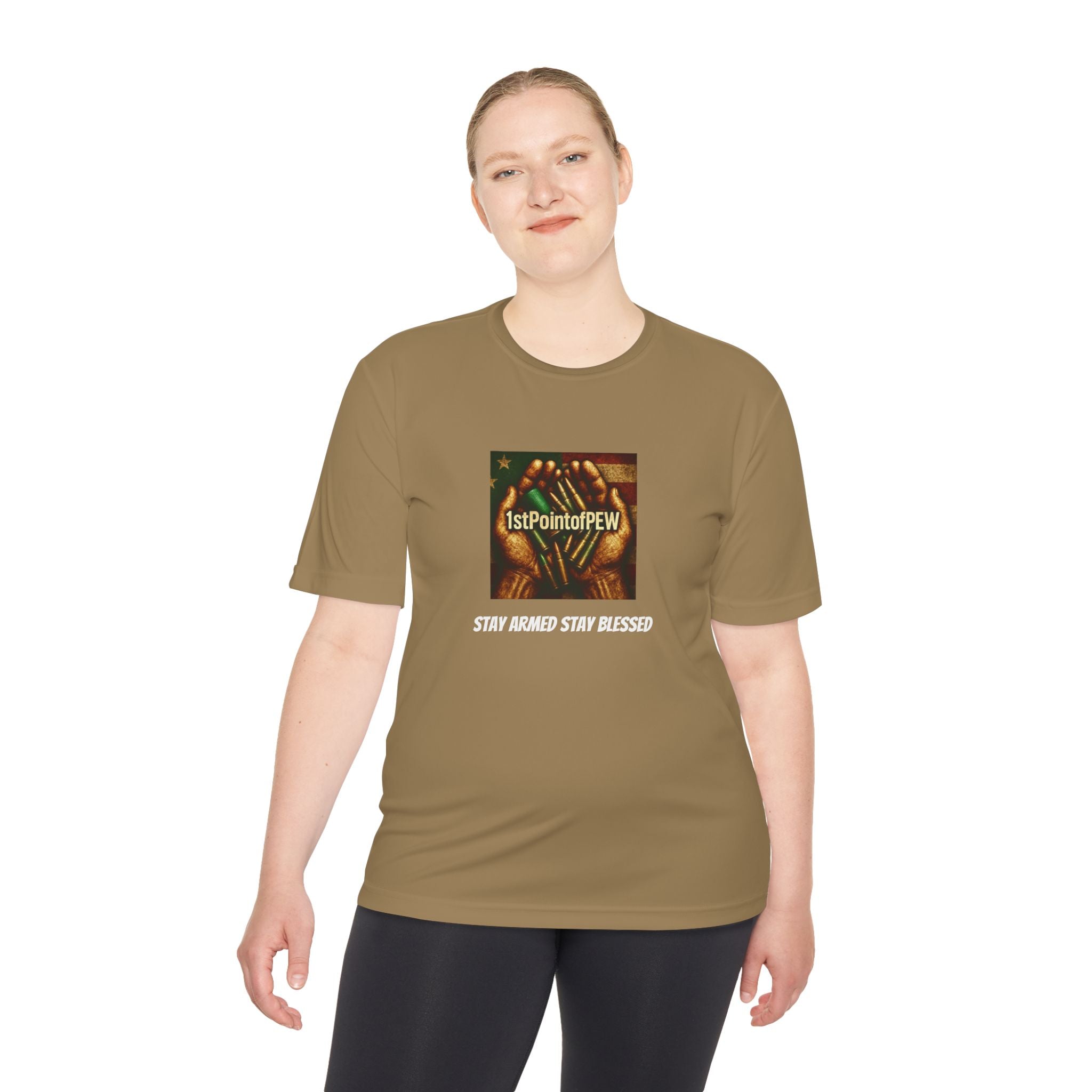 !stPointofPew/Pew Review Moisture-Wicking Tee — “Stay Armed Stay Blessed” Graphic