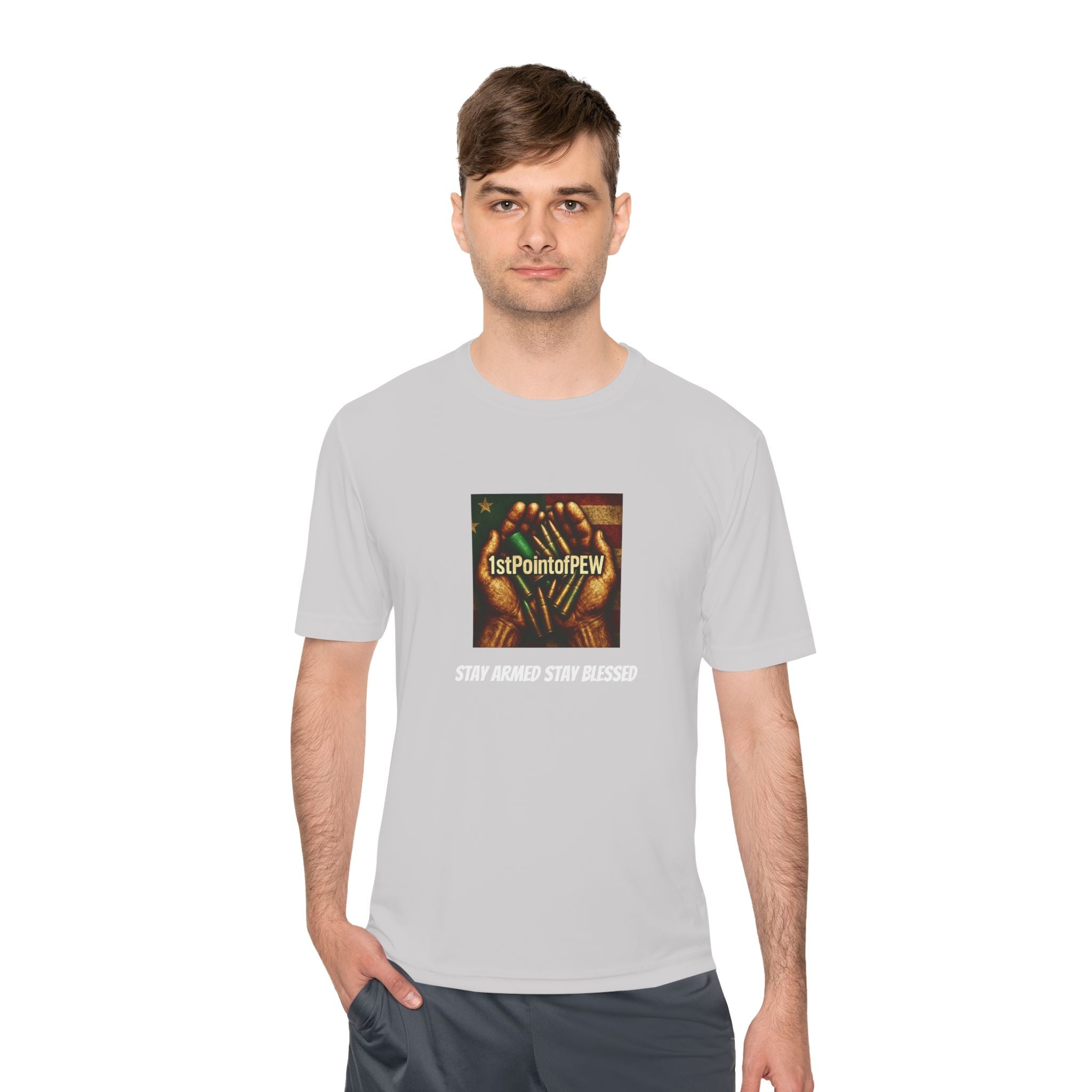 !stPointofPew/Pew Review Moisture-Wicking Tee — “Stay Armed Stay Blessed” Graphic