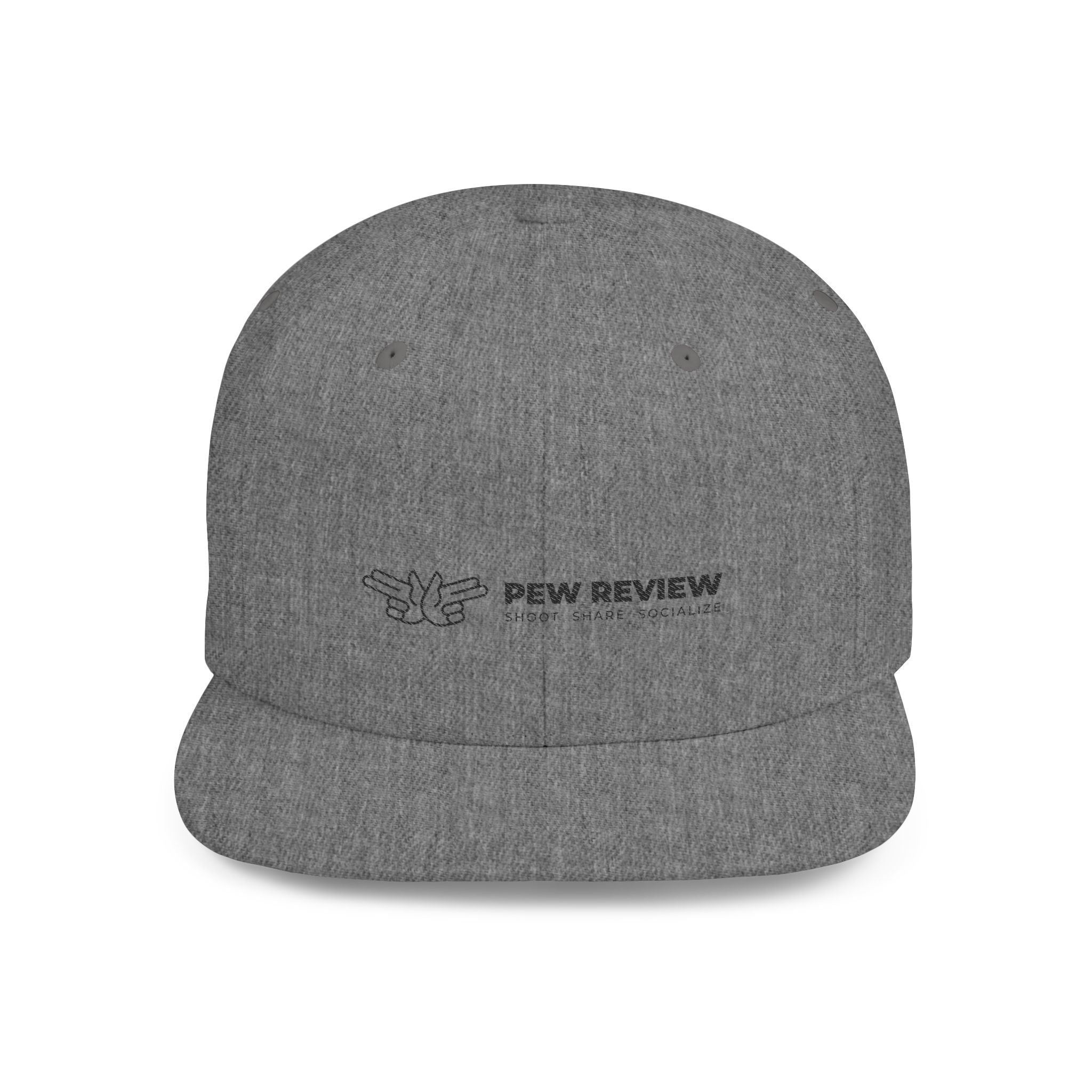 Pew Review logo Flat Bill Snapback | Minimal embroidered trucker cap