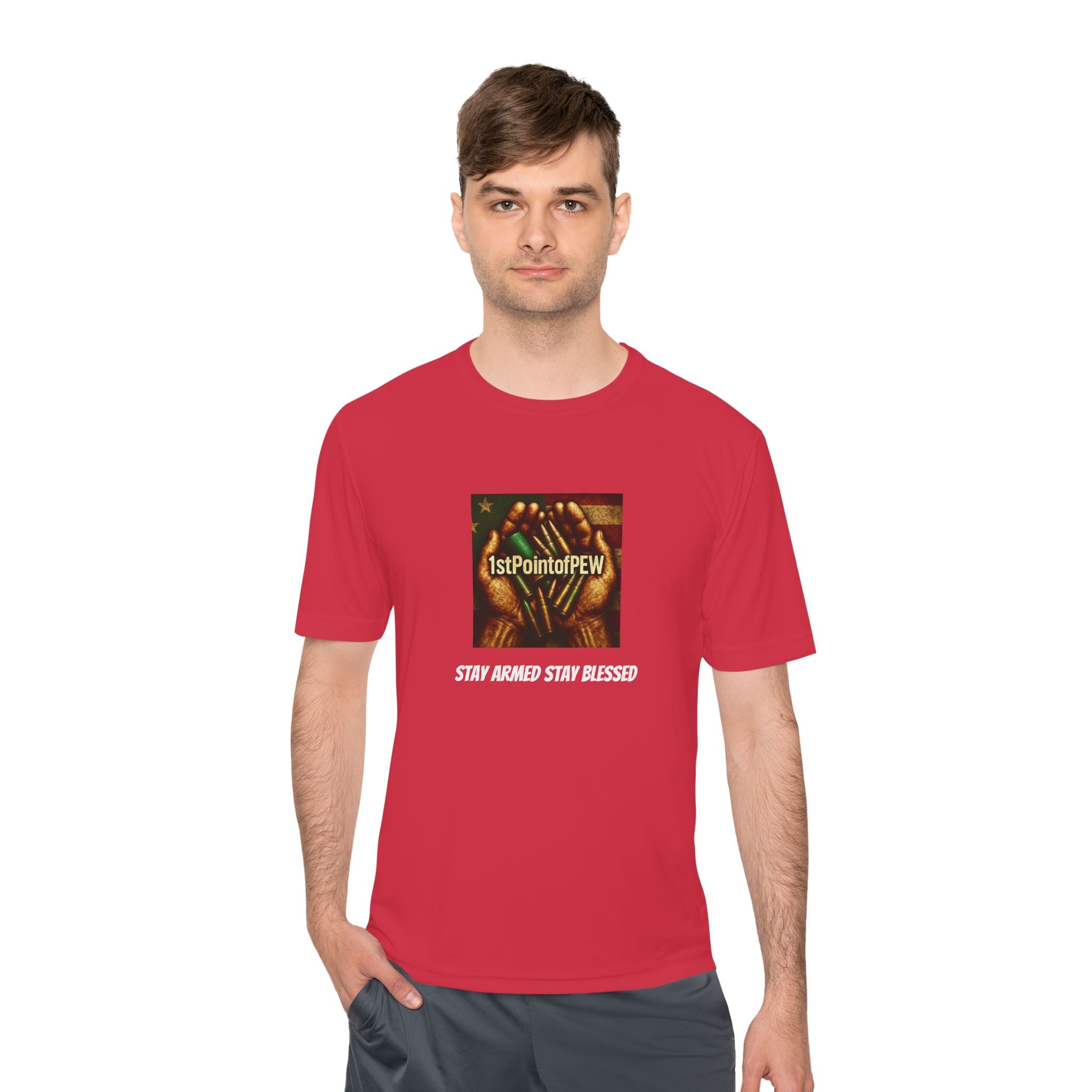 !stPointofPew/Pew Review Moisture-Wicking Tee — “Stay Armed Stay Blessed” Graphic