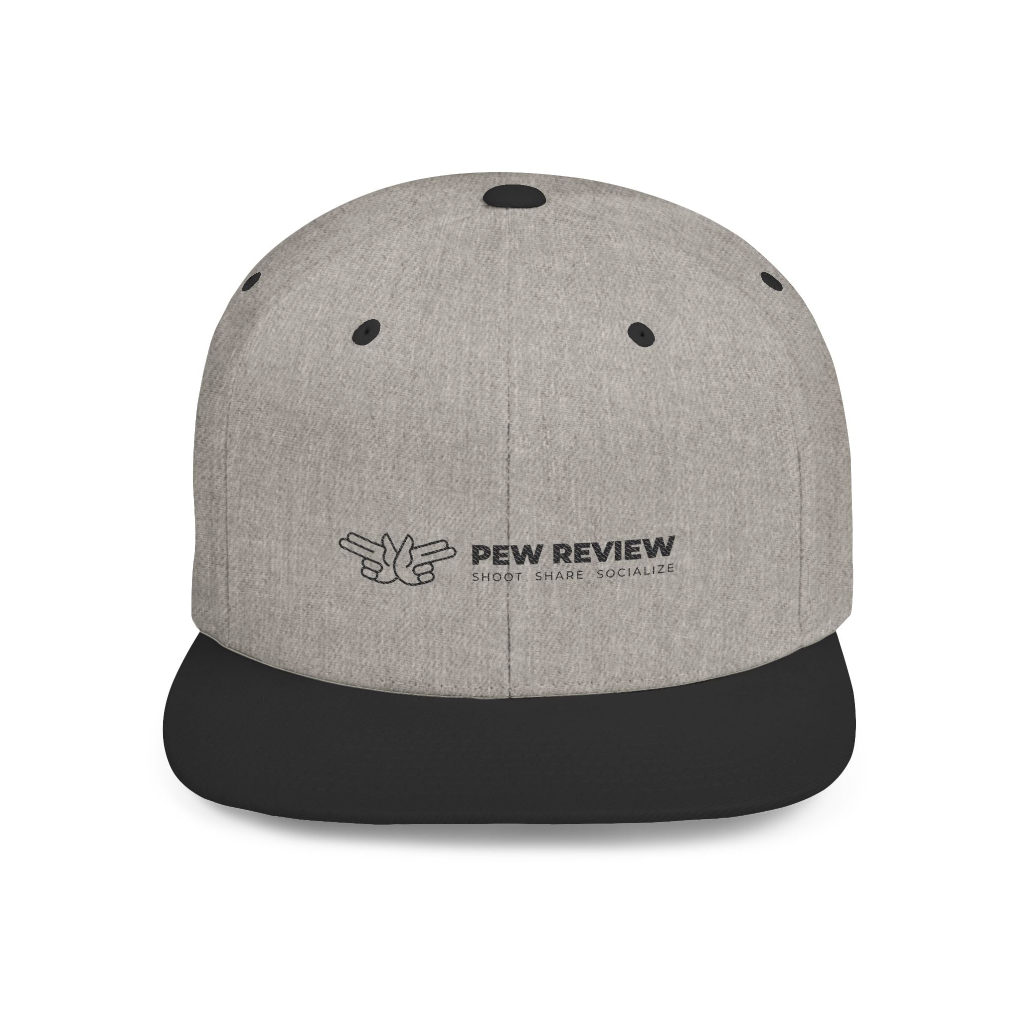 Pew Review logo Flat Bill Snapback | Minimal embroidered trucker cap