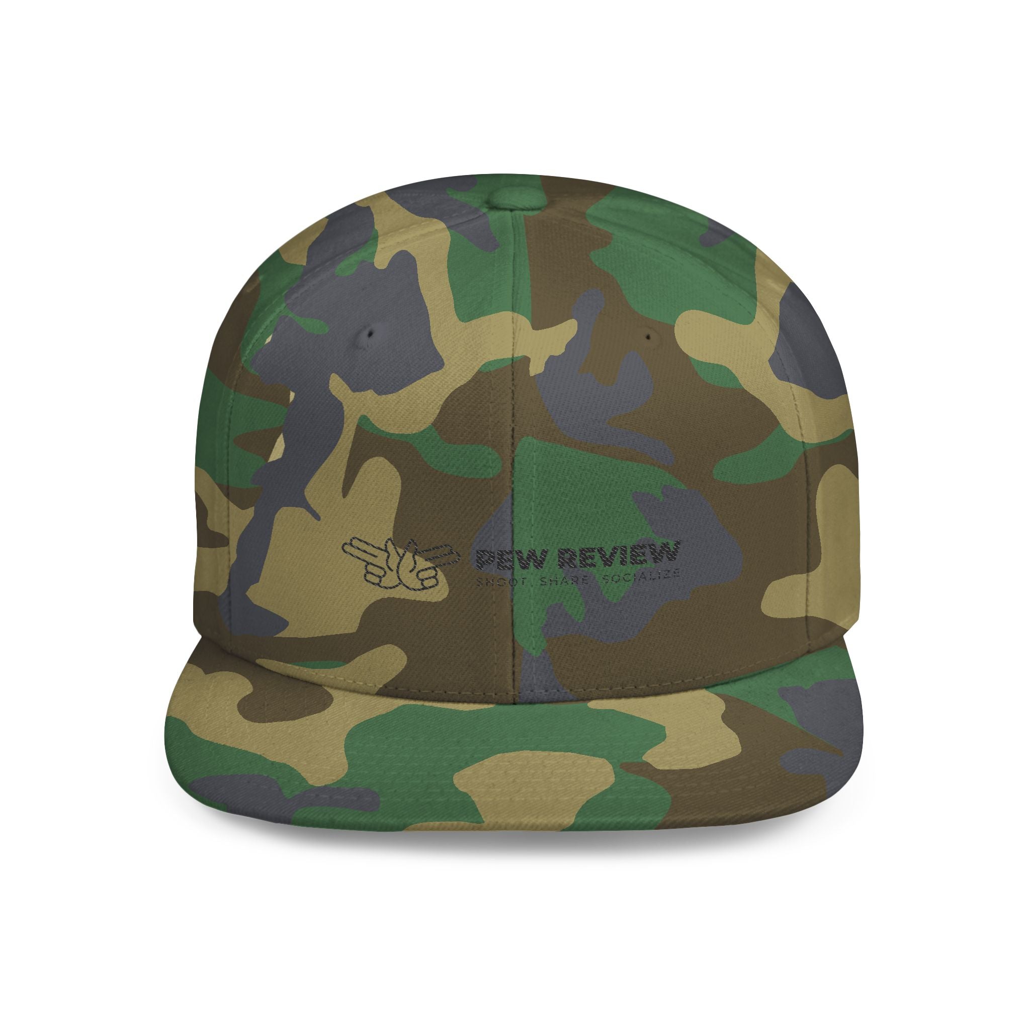 Pew Review logo Flat Bill Snapback | Minimal embroidered trucker cap