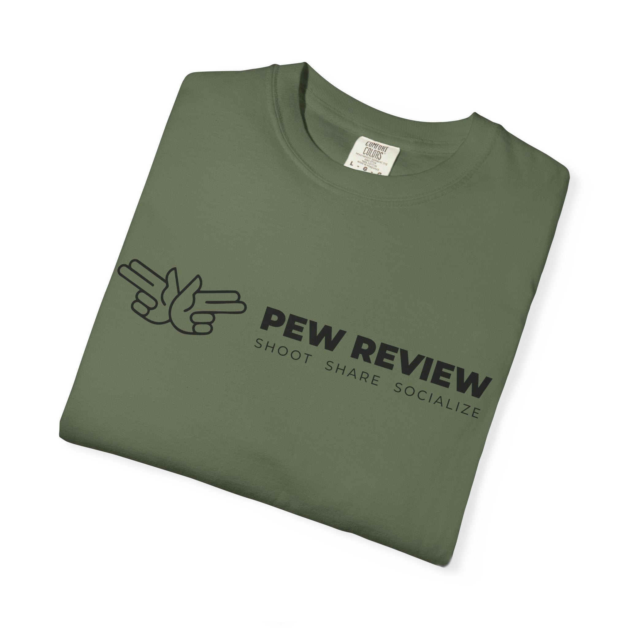 Pew Review logo tee T-Shirt | finger guns outline design
