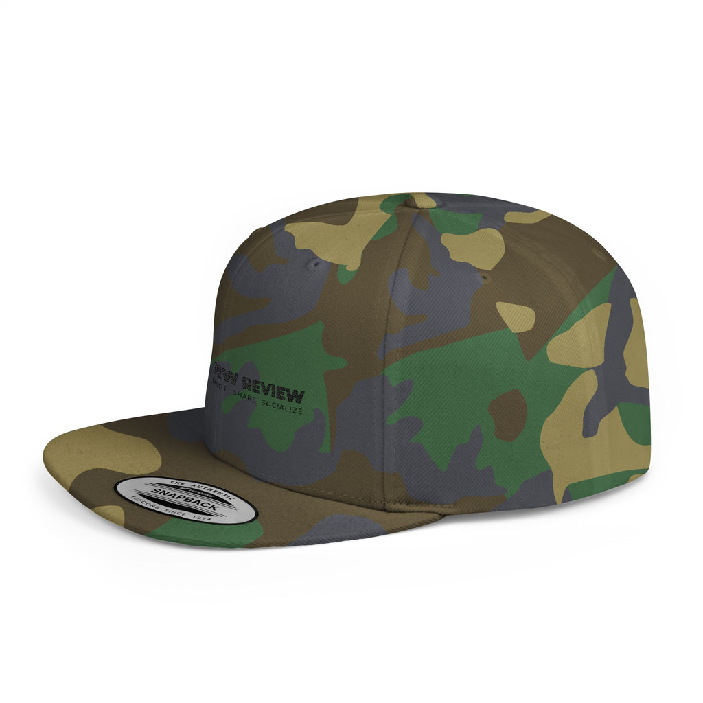 Pew Review logo Flat Bill Snapback | Minimal embroidered trucker cap