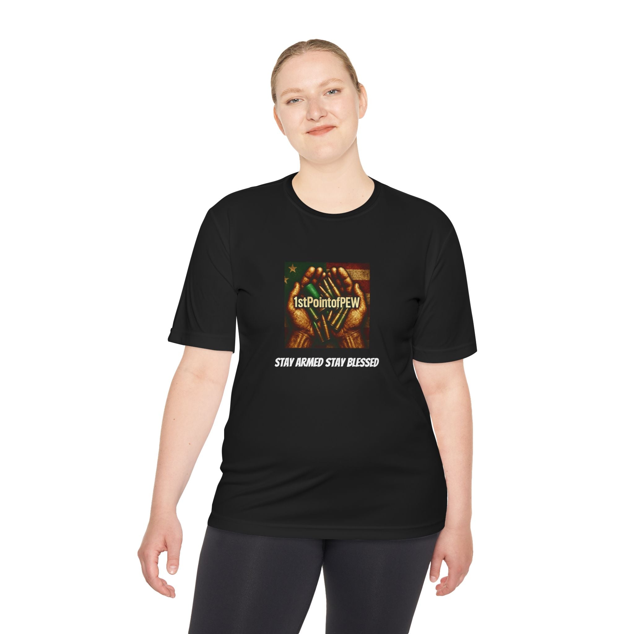 !stPointofPew/Pew Review Moisture-Wicking Tee — “Stay Armed Stay Blessed” Graphic