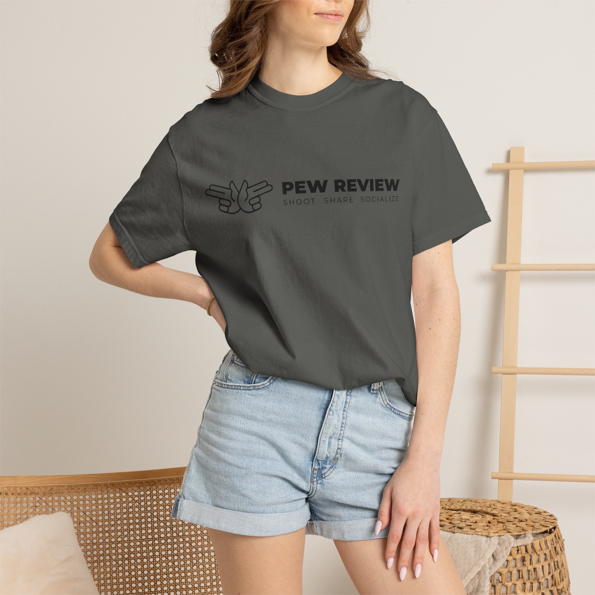 Pew Review logo tee T-Shirt | finger guns outline design