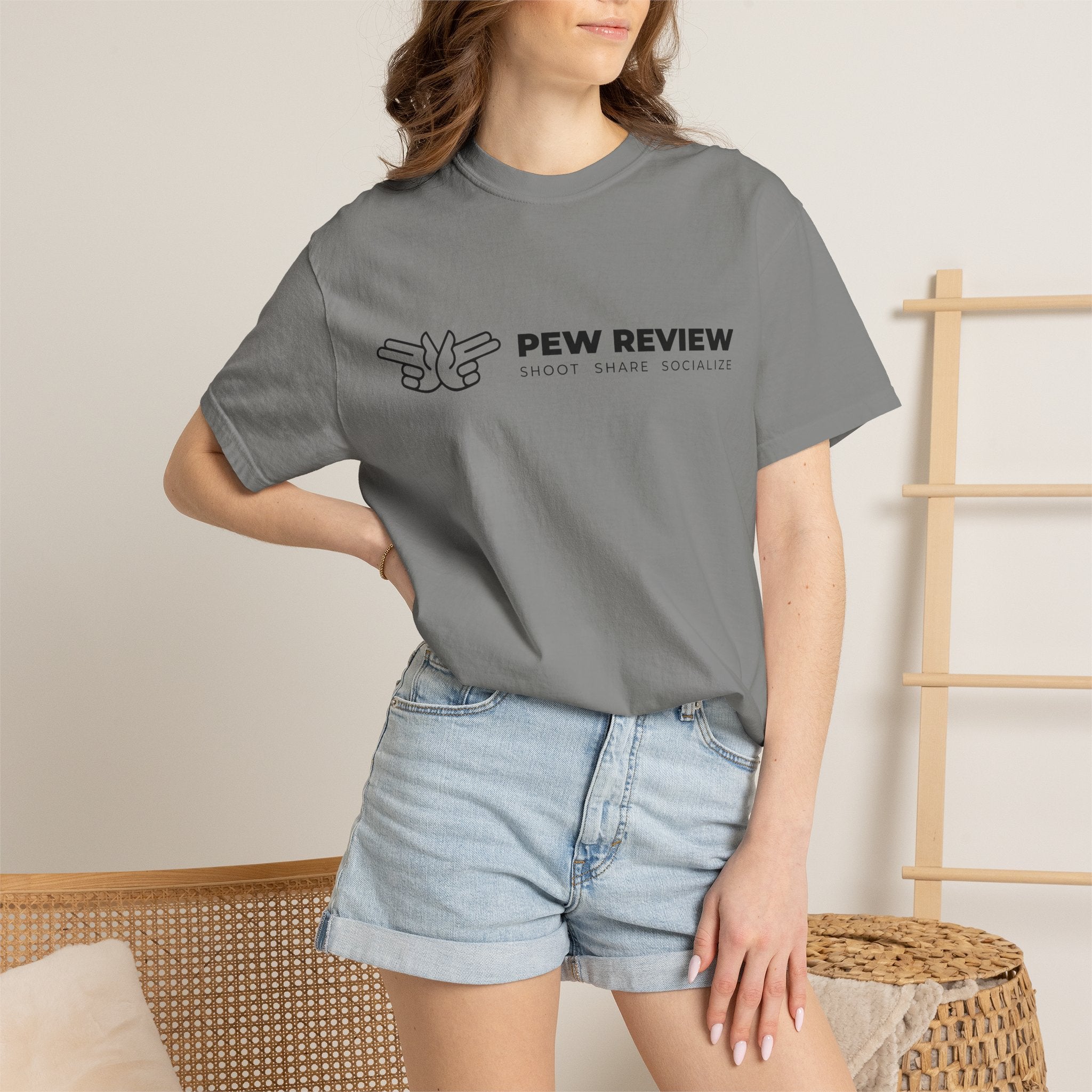 Pew Review logo tee T-Shirt | finger guns outline design