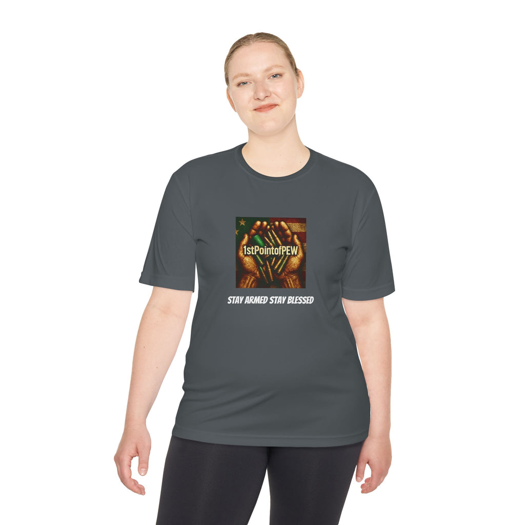 !stPointofPew/Pew Review Moisture-Wicking Tee — “Stay Armed Stay Blessed” Graphic