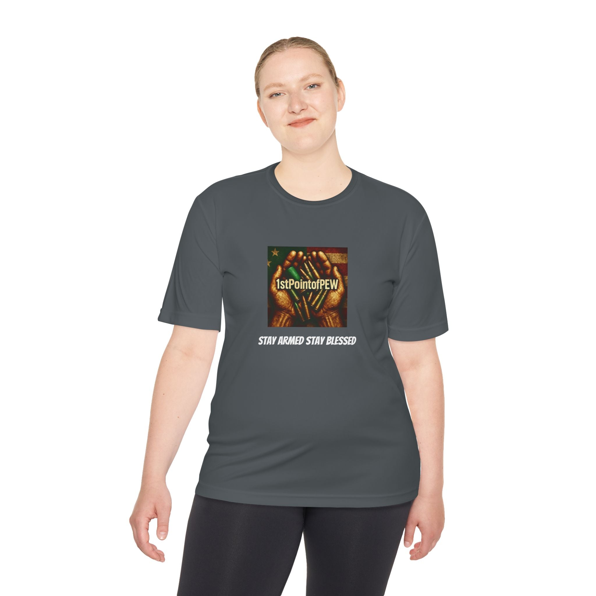 !stPointofPew/Pew Review Moisture-Wicking Tee — “Stay Armed Stay Blessed” Graphic
