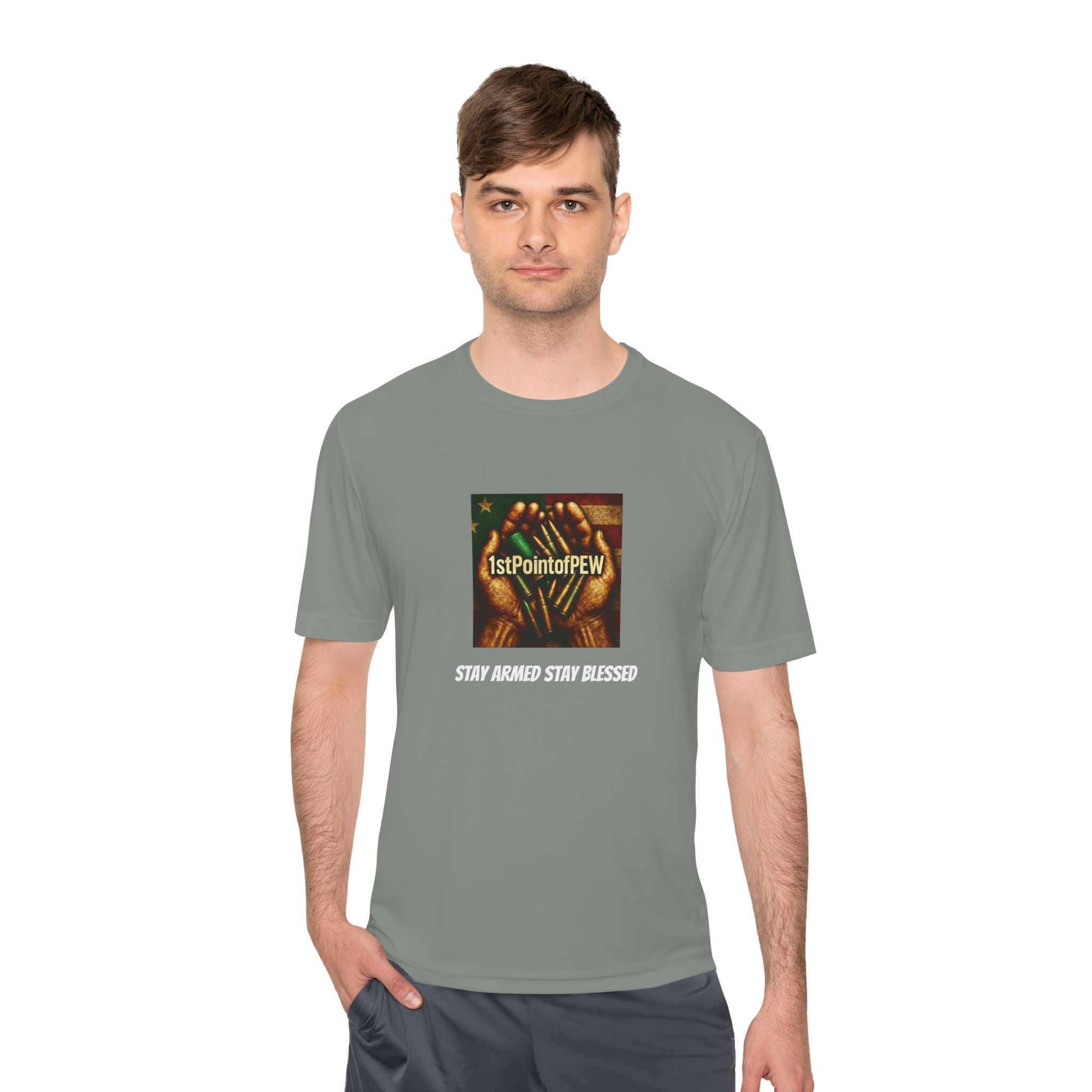 !stPointofPew/Pew Review Moisture-Wicking Tee — “Stay Armed Stay Blessed” Graphic
