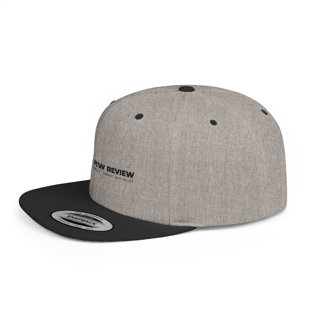 Pew Review logo Flat Bill Snapback | Minimal embroidered trucker cap
