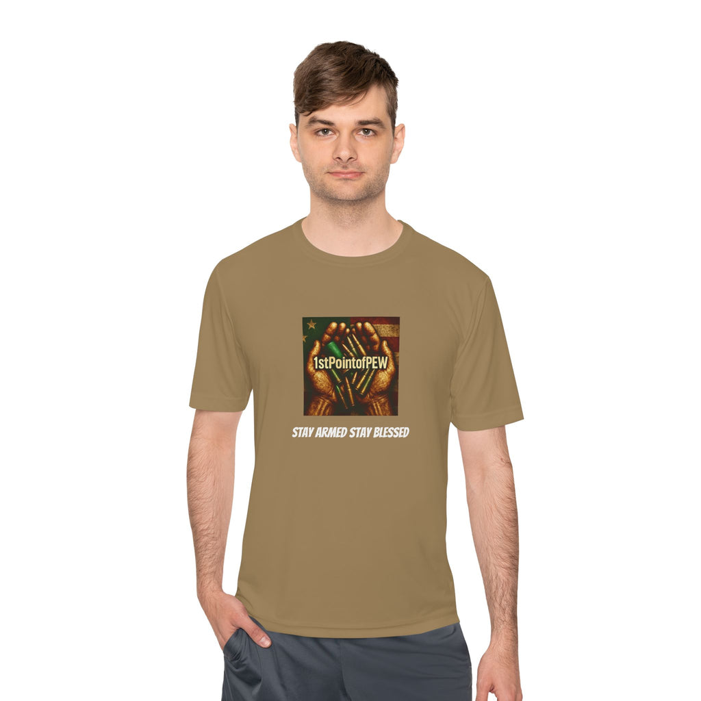 !stPointofPew/Pew Review Moisture-Wicking Tee — “Stay Armed Stay Blessed” Graphic
