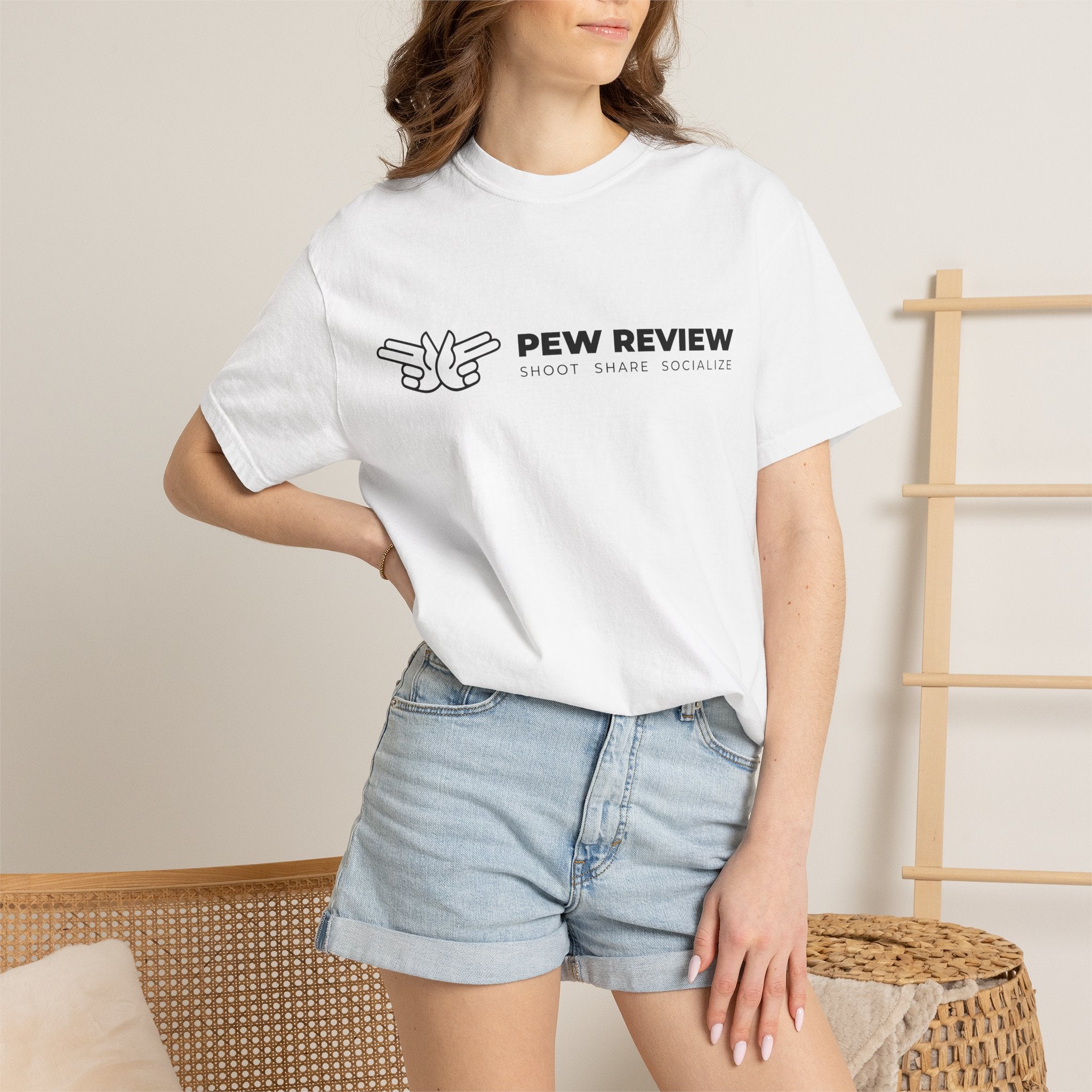 Pew Review logo tee T-Shirt | finger guns outline design