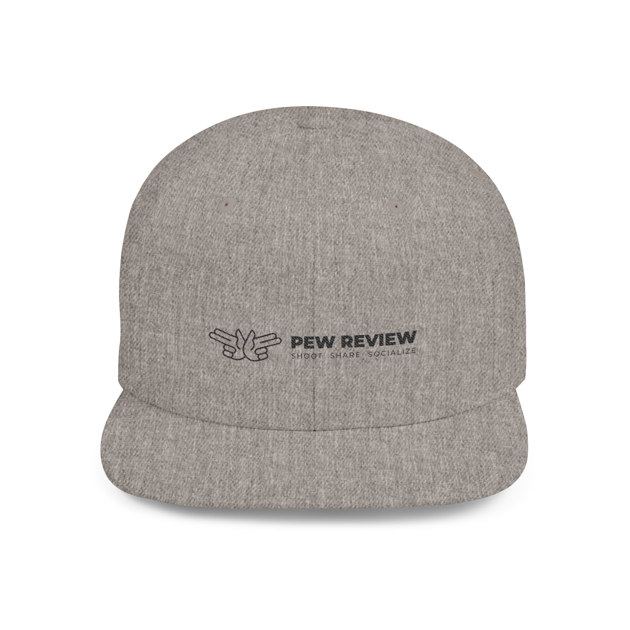 Pew Review logo Flat Bill Snapback | Minimal embroidered trucker cap